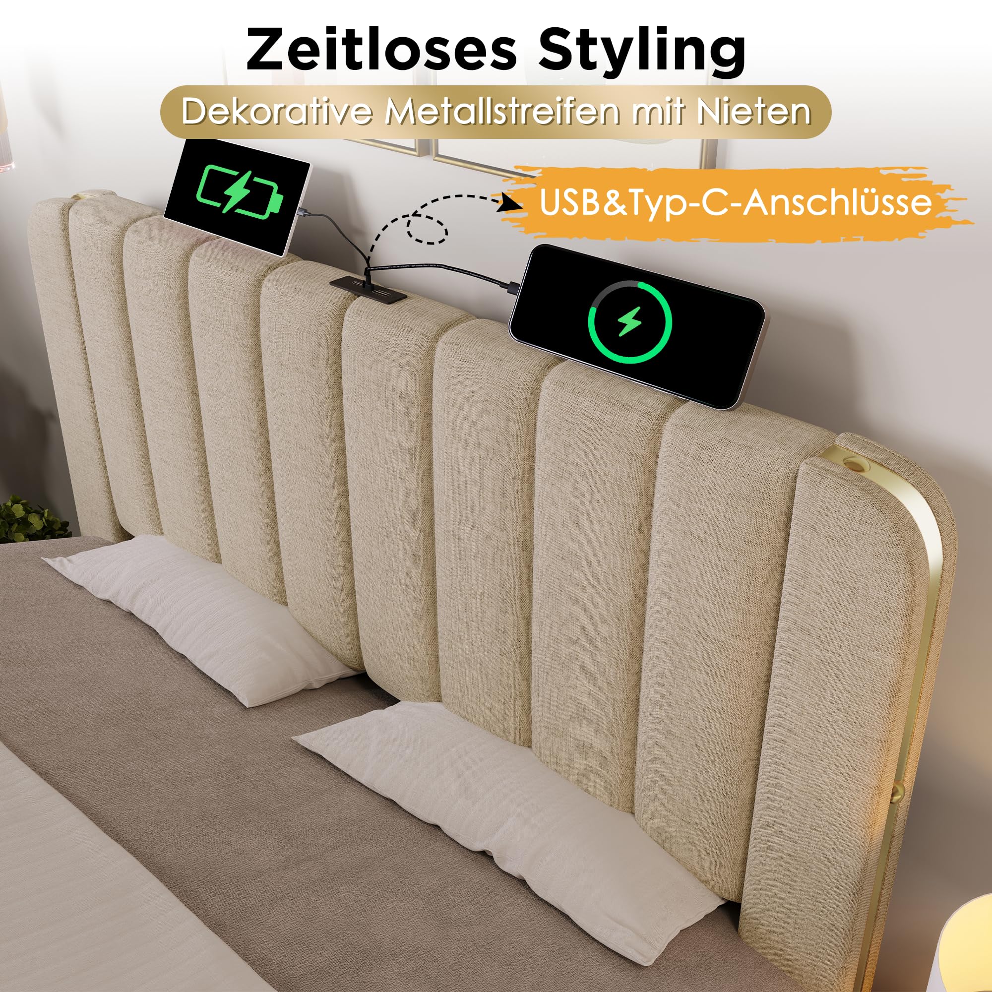 Cama tapizada de 180 x 200 cm, cama de matrimonio con 4 cajones y puerto USB Tipo-C de tela de lino, cabecero tapizado con acabados dorados, para adultos y niños, sin colchón, beige
