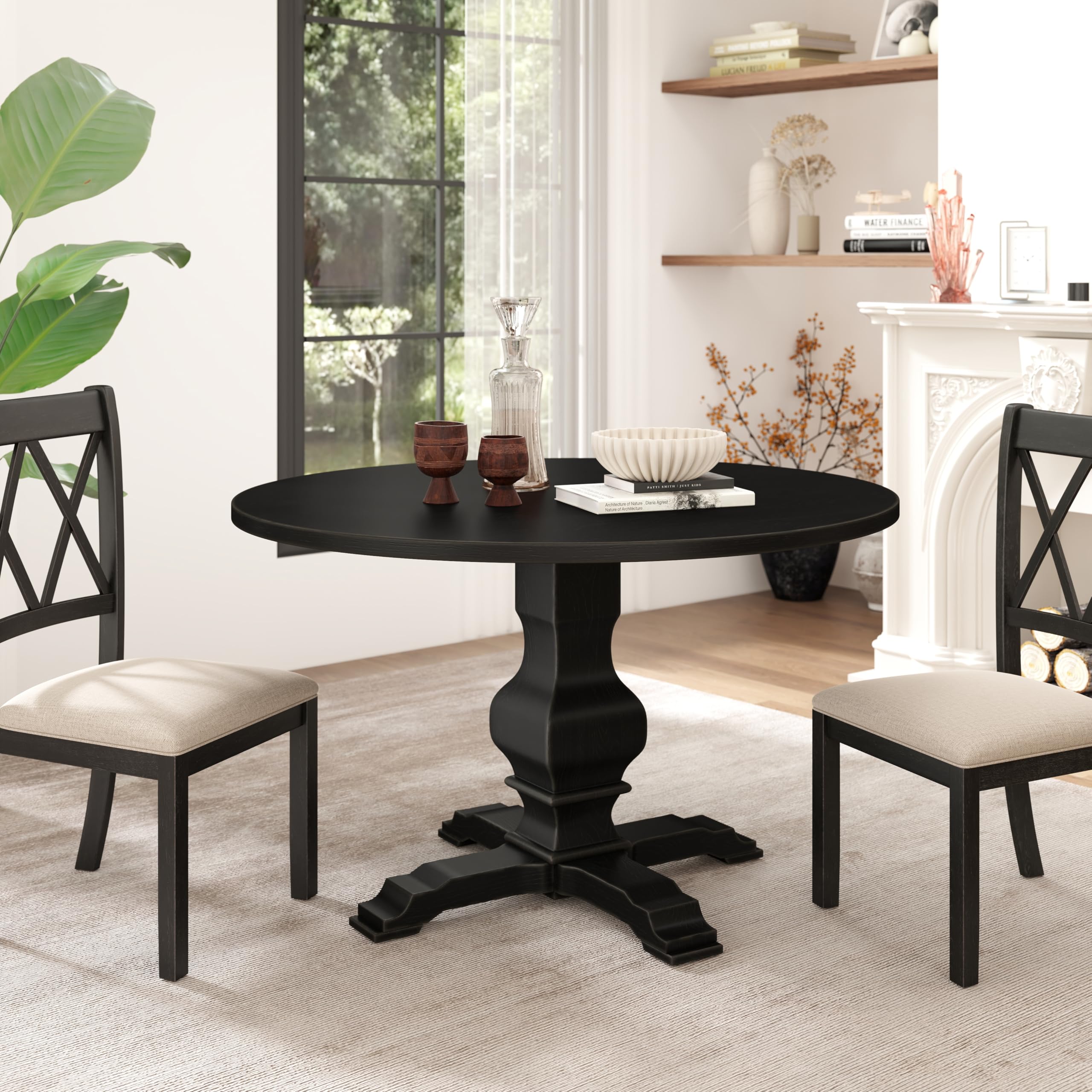 Roundhill Furniture Havre Pedestal Base Round Dining Table, Black