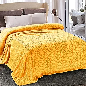 Whale Flotilla Flannel Fleece Twin Size Blanket for Bed, Soft Fluffy Velvet Bedspread Coverlet with Decorative Vintage Pattern for All Season, Warm and Lightweight, 90x66 Inch, Lemon Yellow