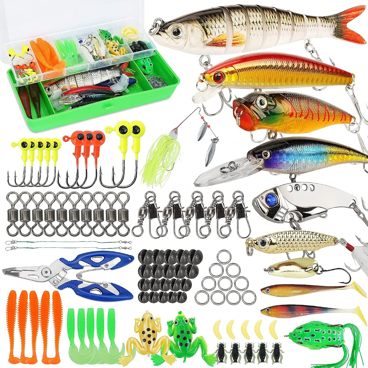 Kit de caja de aparejos de señuelos de pesca para lubina con alicates, cebos de agua salada y dulce | 1. Adecuado para principiantes y regalos para niños 2. Experimente con diferentes técnicas 3. Fácil de almacenar y transportar su equipo