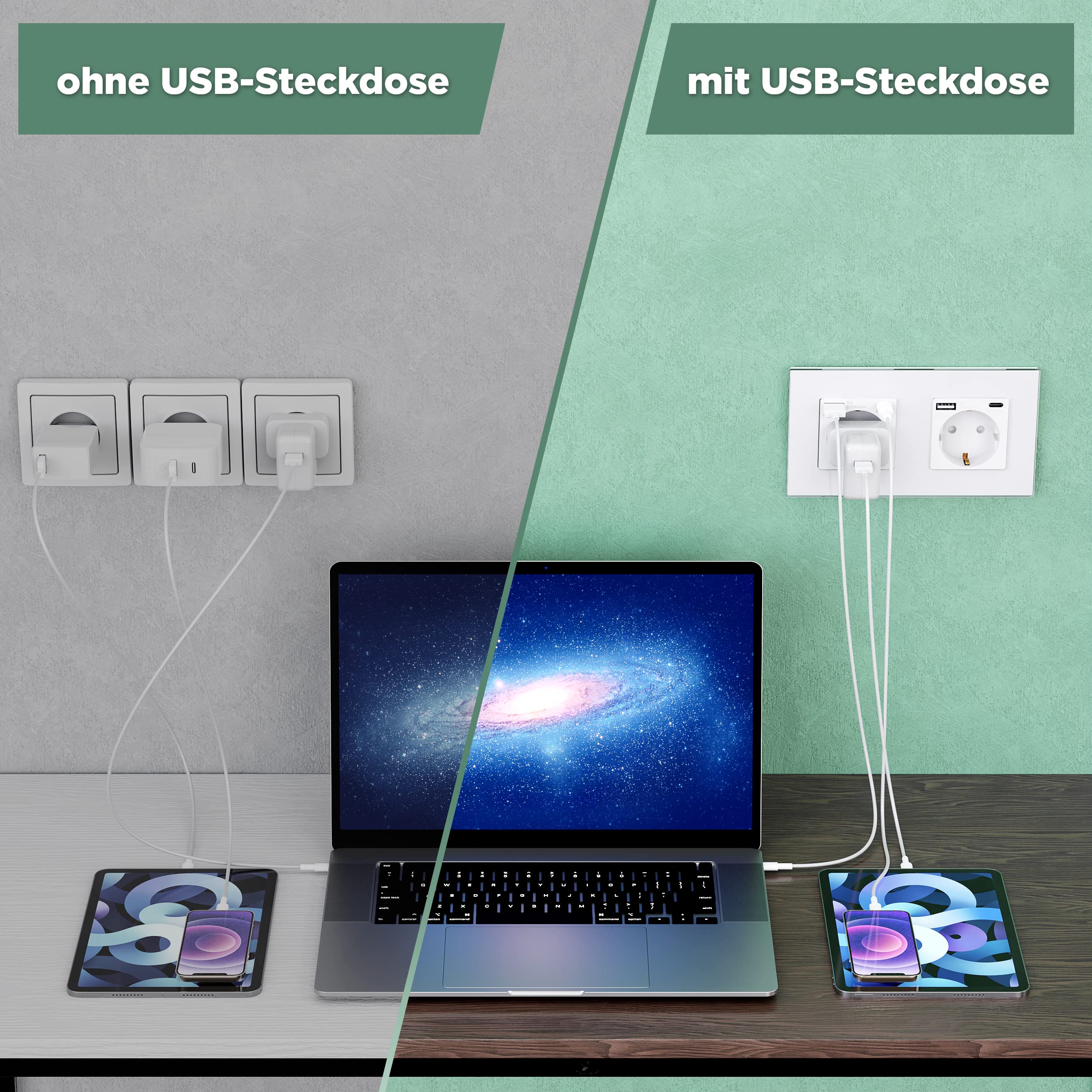 PULSAR Steckdose Unterputz mit USB-C, A 4-Fach Weiß Glas - Dose mit 20W Schnellladegerät 16A mit Kindersicherung 299x86mm