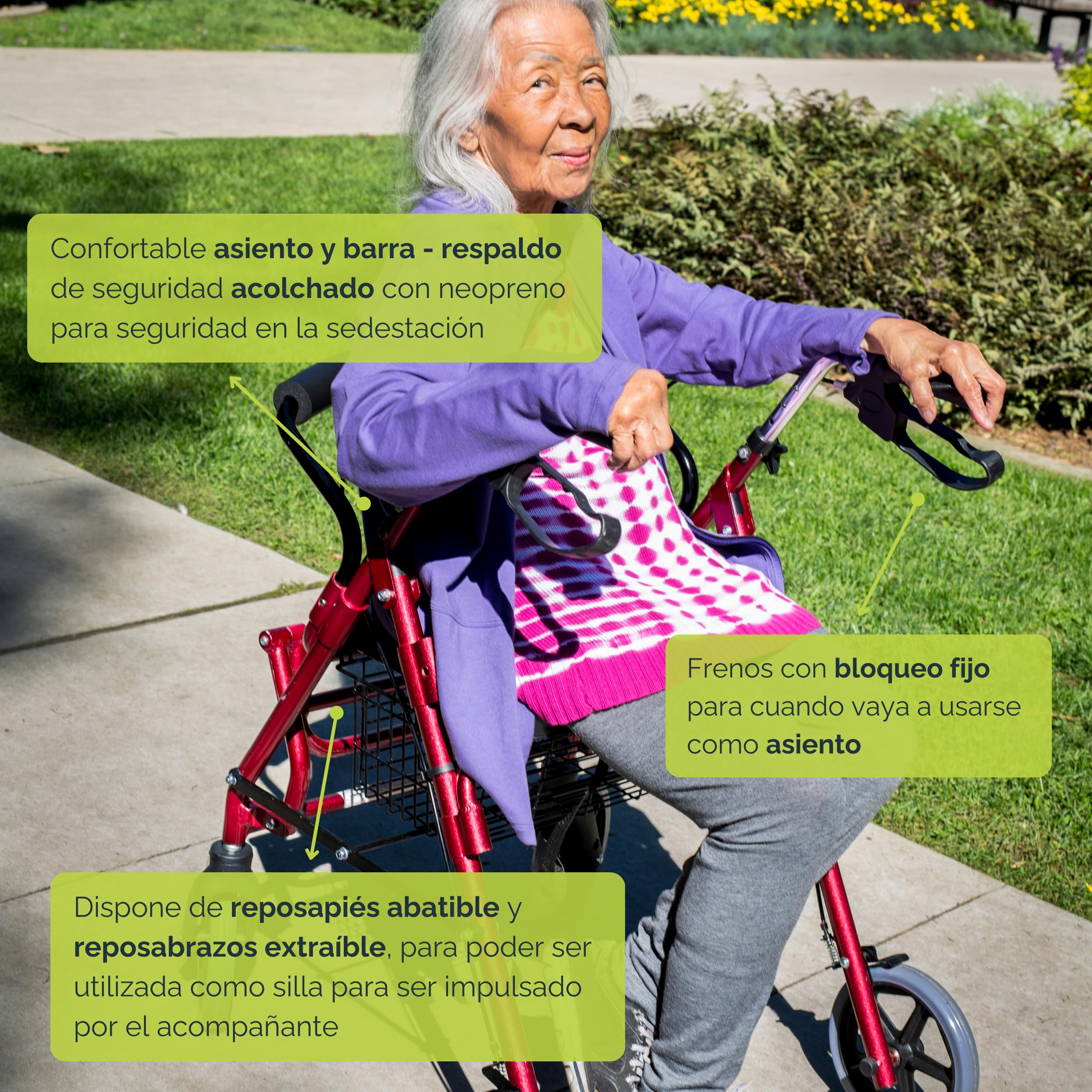 Sanitec - Silla Rollator con Frenos en Empuñadura | Andador para Ancianos Plegable | Andadores Adultos con Estructura de Aluminio | Andador con Asiento, Cesta y Reposapiés | Andadores para Ancianos
