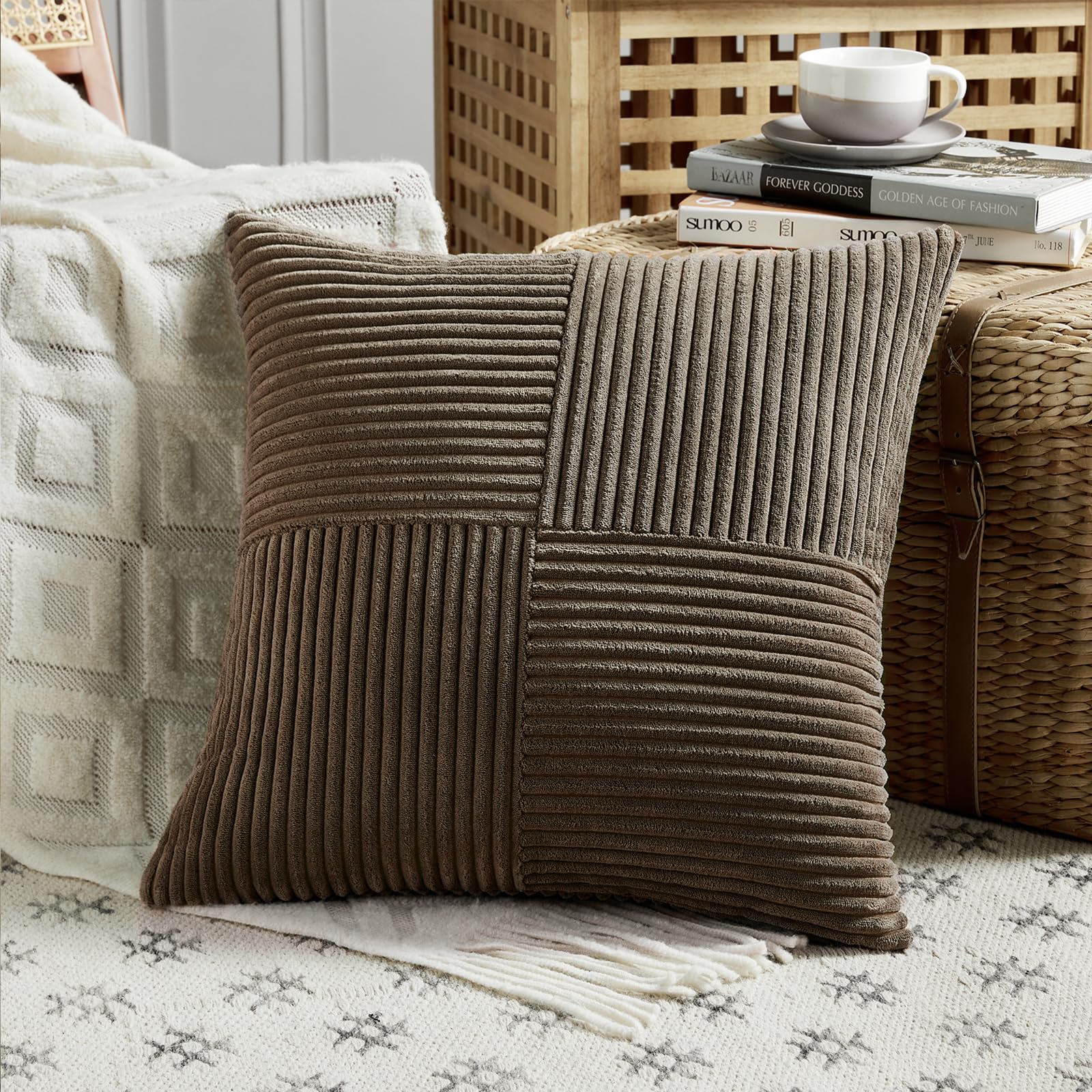 FDTERN Dark Brown Big Decorative Throw Pillow Covers 24x24 Inch for Living Room Couch Bed Sofa, Rustic Farmhouse Boho Home Decor, Soft Corss Corduroy Patchwork Accent Square Cushion Covers 60x60 cm — image 1