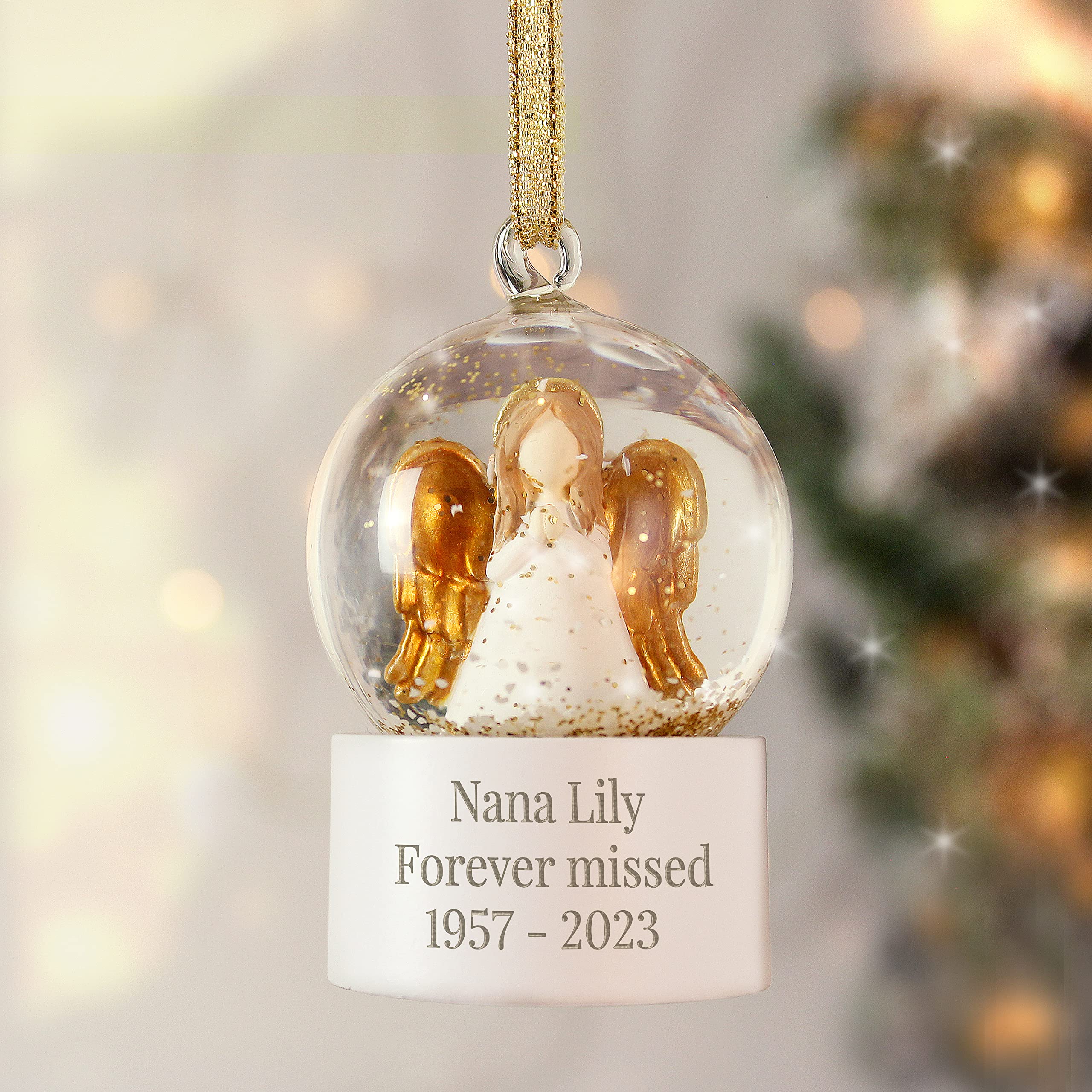 Personalised Memento Silver Custom Personalised Angel Snow Globe Christmas Tree Bauble