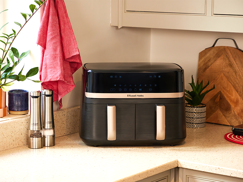 Russell Hobbs Dual Air Fryer 9L Rapid Airfryer [Dual Basket/Zone, Low Noise, 9 Programs] satisfry (Dishwasher Safe, Oil-free Cooking, Roasting, Baking, Keeping Warm) 27681-56