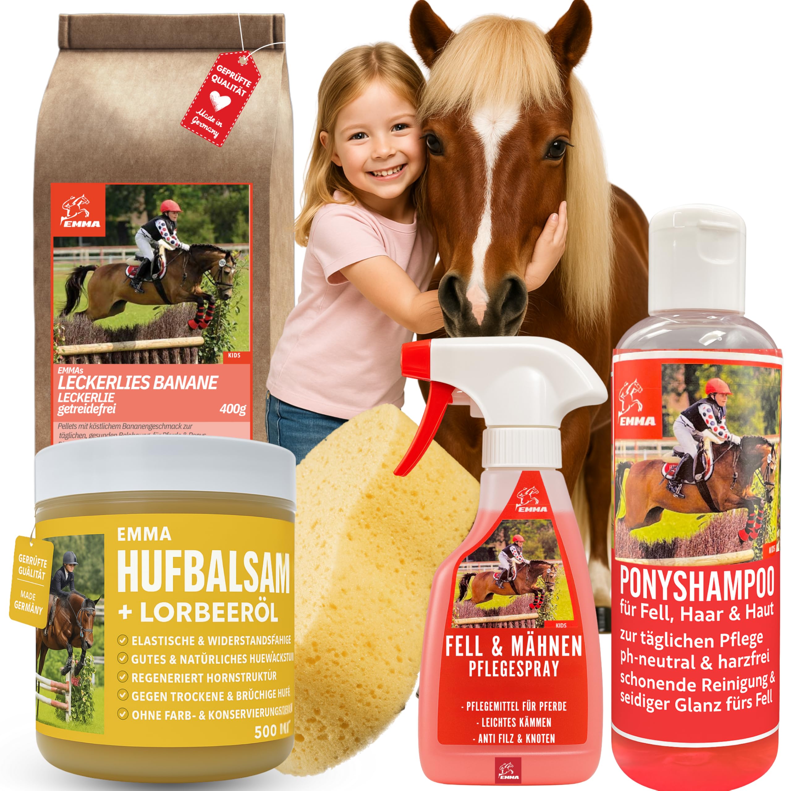 EMMA Pferdepflege Set Kinder 5-TLG Mähnenspray Schweifspray Pferd + Pferde Shampoo + Huffett + Pferdeleckerlies – Putzzeug Pferde Mädchen Geschenk Pink – Inhalt Putzbox Pony Fellpflege & Hufpflege