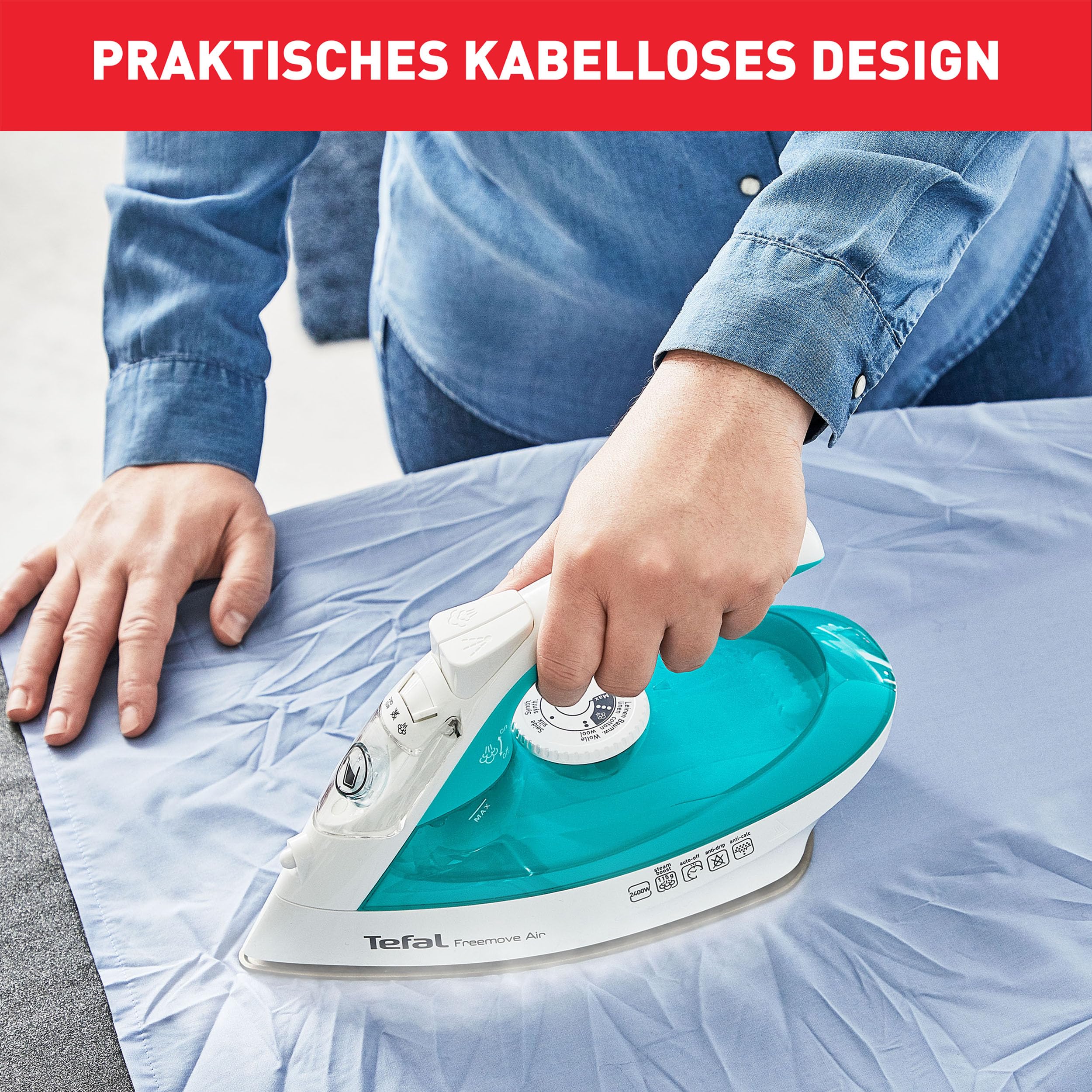 Tefal Freemove Air kabelloses Dampfbügeleisen, 2400 W, 25g/Min-Dauerdampf, 115g/Min-Dampfstoß, Bügeleisen kabellos, einfaches Aufladen, Tropfstopp, automatisches Abschalten, türkis/weiß, FV6520