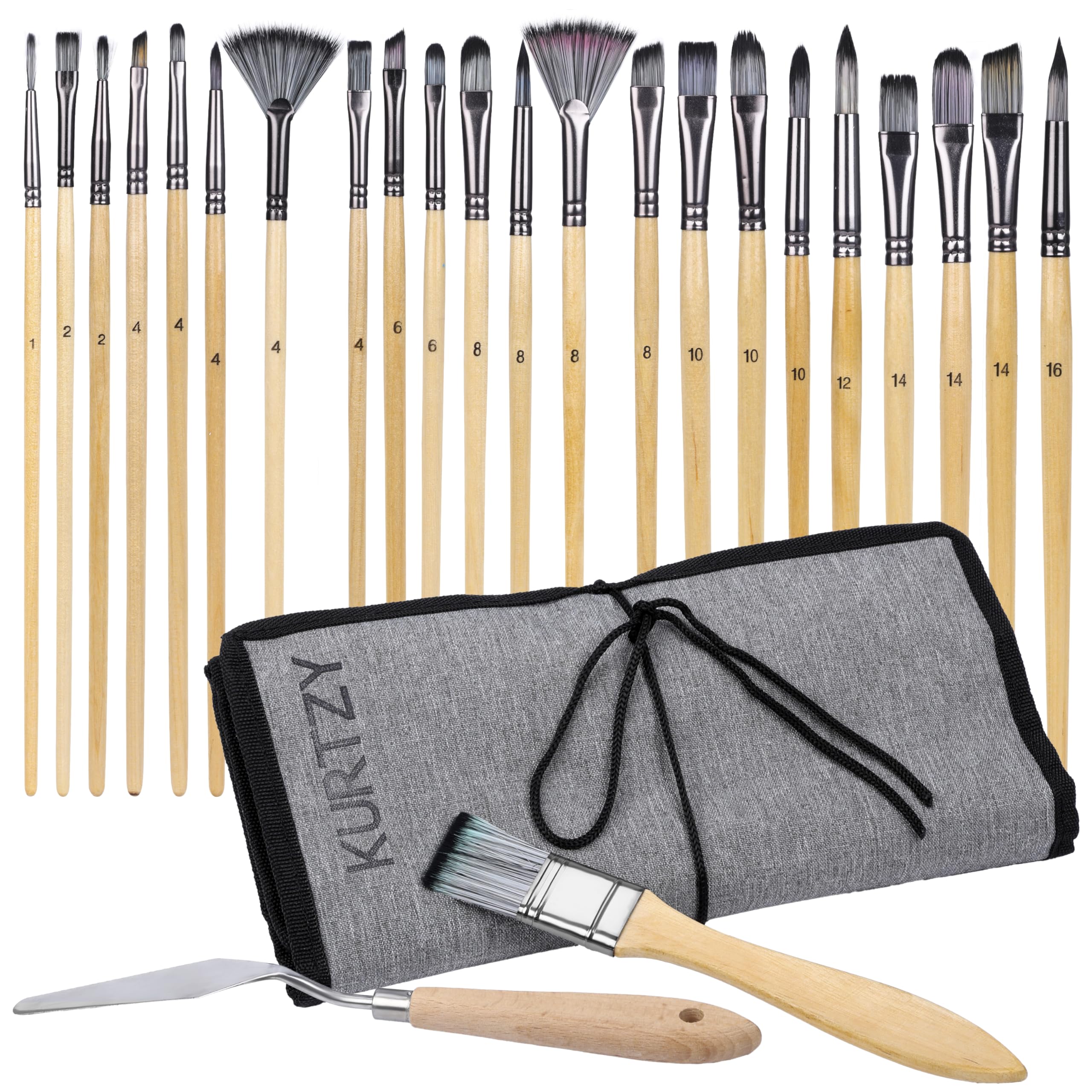 Kurtzy Set 24 Piezas Pinceles Pintura para Artistas con Estuche - Set Pinceles de Nailon para Pintura Acrílica, Acuarela, Óleo o Gouache - para Pintura Facial, Miniaturas, Nail Art y Pintar Rocas