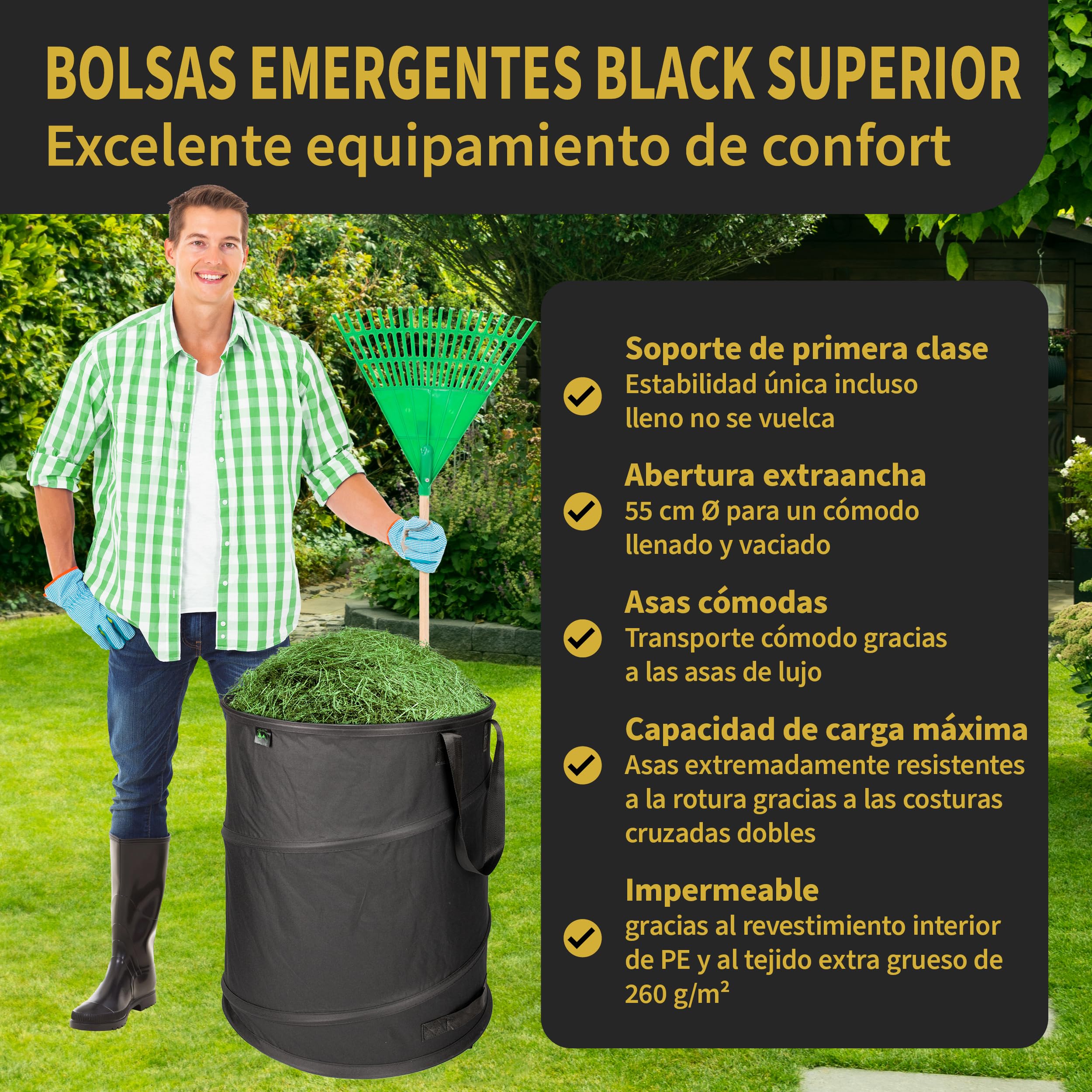TTL Commerce TTL Garden NEGRO SUPERIOR 3x 170L Bolsa de jardín emergente DOBLE PISO 260gsm extra estable 600D Oxford juego de 3 Bolsa de basura de jardín de 170 litros Bolsa para hojas plegable Resid | Bolsas de basura de jardín 600D Oxford 600D, juego de