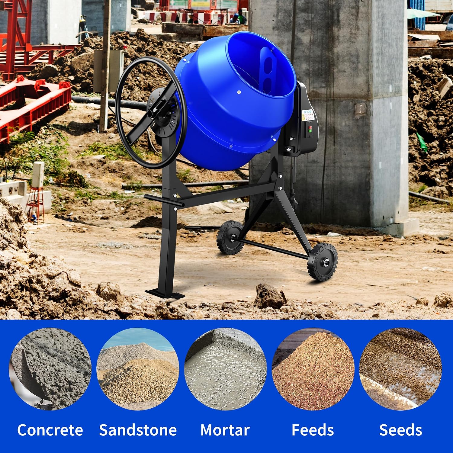 Electric Concrete Mixer, 5.3 Cubic Ft, 1HP. 750W Portable Concrete Mixer Machine with Stand & Wheels for Stucco, Mortar, Seeds, Blue