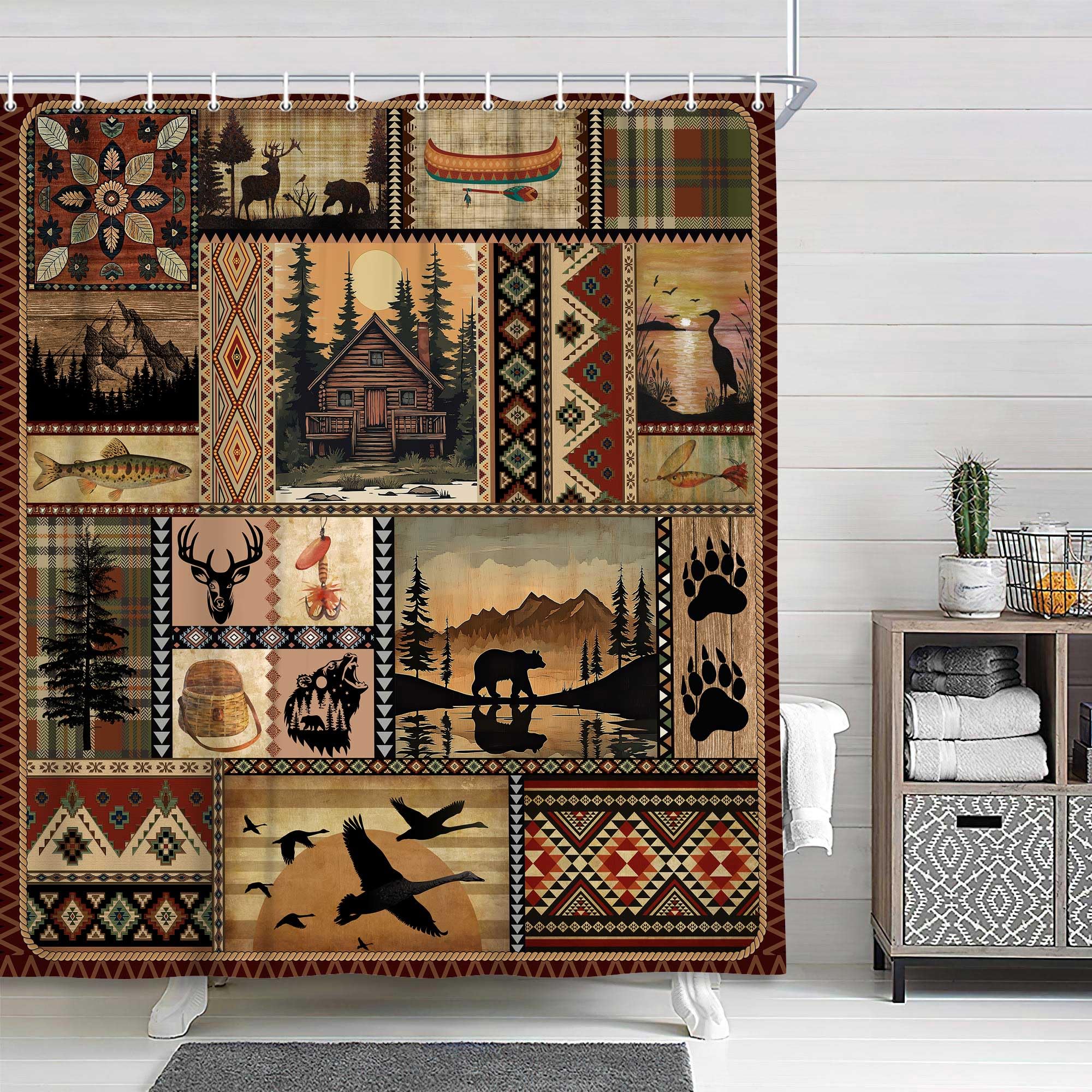 NYMB Cabin Shower Curtain, Rustic Cabin Lodge Fabric Bath Curtain, Bear Moose Farmhouse Lodge Wooden Board Cloth Shower Curtains Wild Animal Hunting Bathroom Accessories with Hooks, Tan Brown, 36X72in