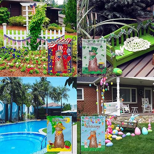 Miniatura 6 de utrwooy Juego de 12 banderas de jardín de temporada para todas las estaciones, verticículo de arpillera, bandera de gato, 12 x 18 pulgadas,