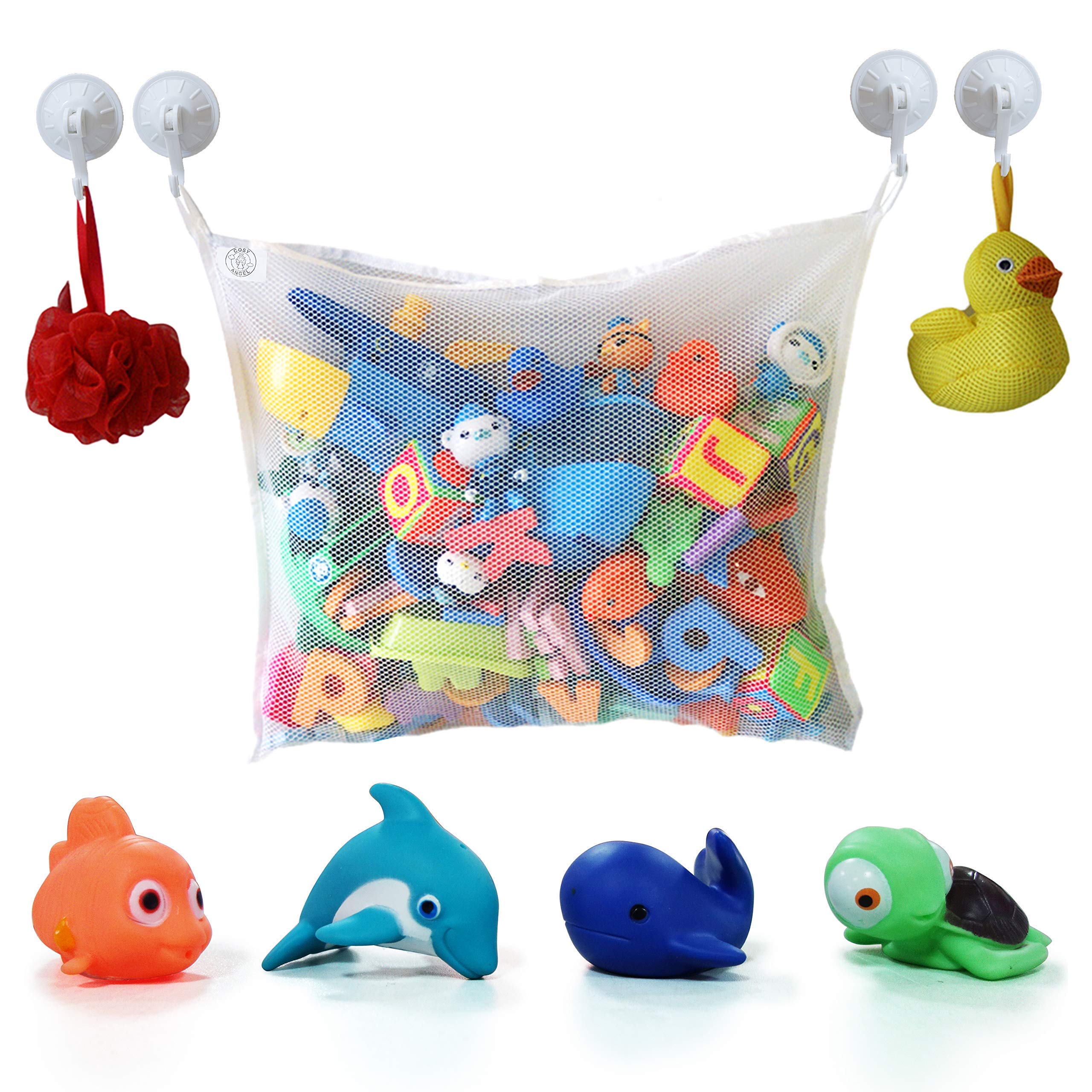 COSY ANGELBath Toy Storage Bag for Bath Toys with 4 BPA Free toys UK Approved - Large Toddlers Bathroom Organiser Net with 4 Suction Cups Hooks