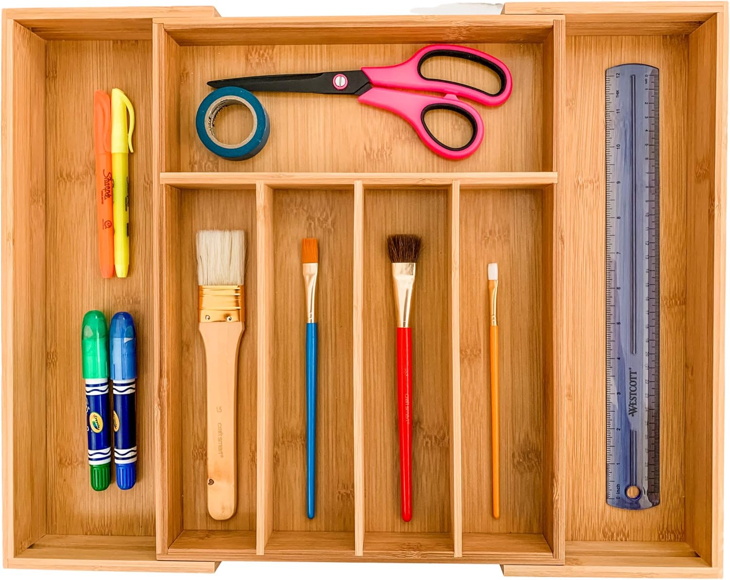 Premium Expandable Drawer Organizer- 100% Organic Bamboo- Cutlery and Utensil Tray- Perfect For The Kitchen, Bathroom, Desk, etc- Adjustable Kitchen Drawer Divider with 7 Compartments