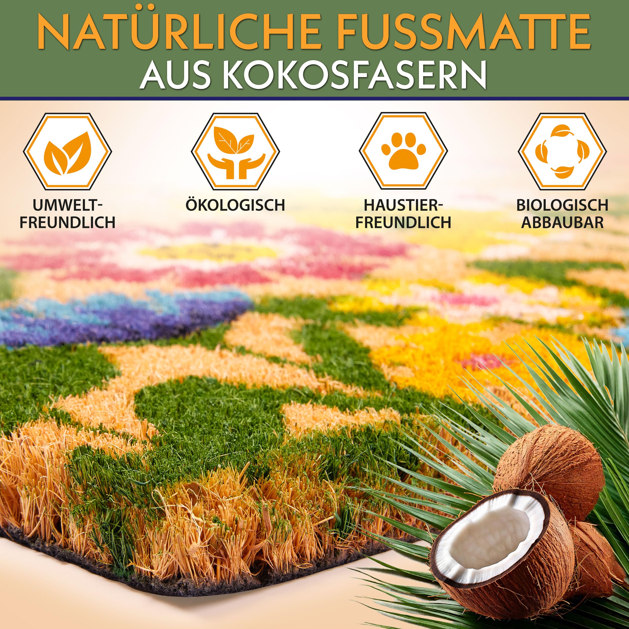 BRUBAKER Fußmatte für Außen und Innen - Welcome Blumenwiese - 45 x 75 cm Blumen Schmutzfangmatte aus Kokos - Antirutsch Fußabtreter Wetterfest und rutschfest - Türmatte - Braun Bunt