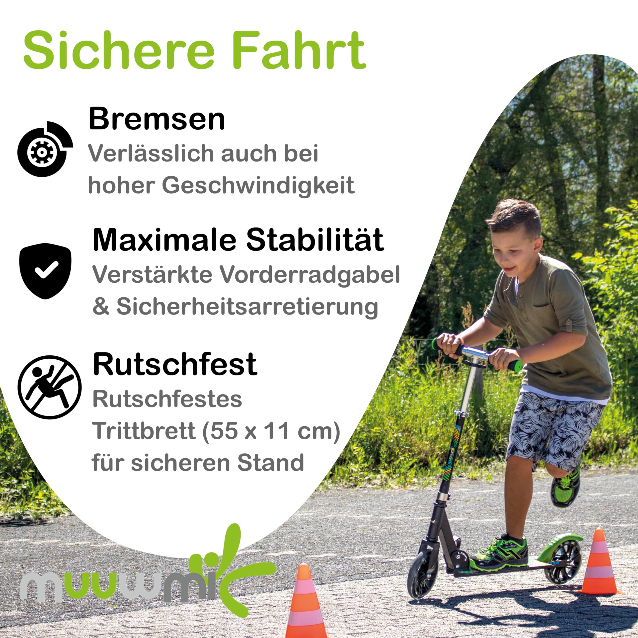 Muuwmi Lights Aluminium Scooter - Höhenverstellbarer Lenker - Geeignet für Kinder - GS-Zertifiziert - Bis zu 100 kg - mit Leuchtrollen - Tretroller in grün-schwarz
