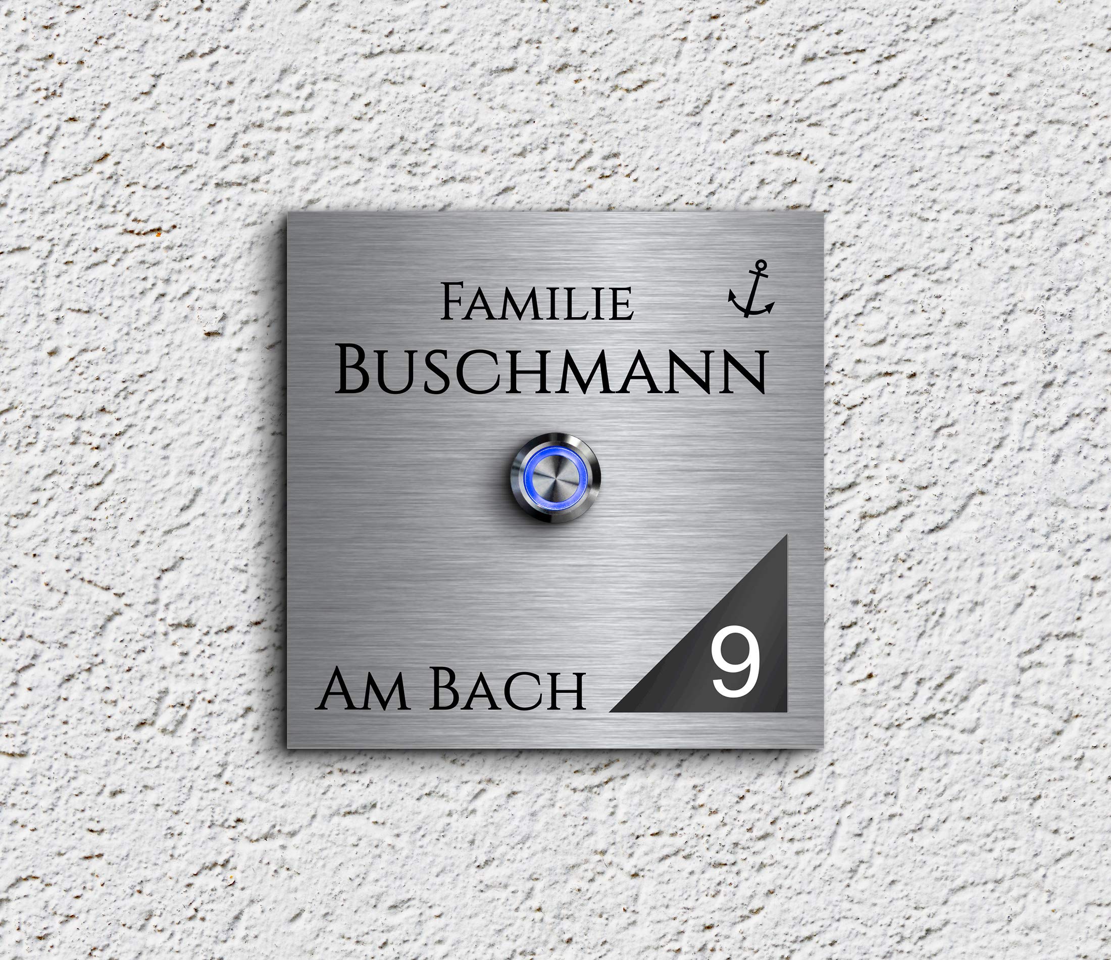 Designer Edelstahl Türklingel mit Gravur 12x12 cm freier Motivauswahl und LED Klingelknopf Klingelschild Edelstahl und Hochglanz Acrylglas Modell: Buschmann-A