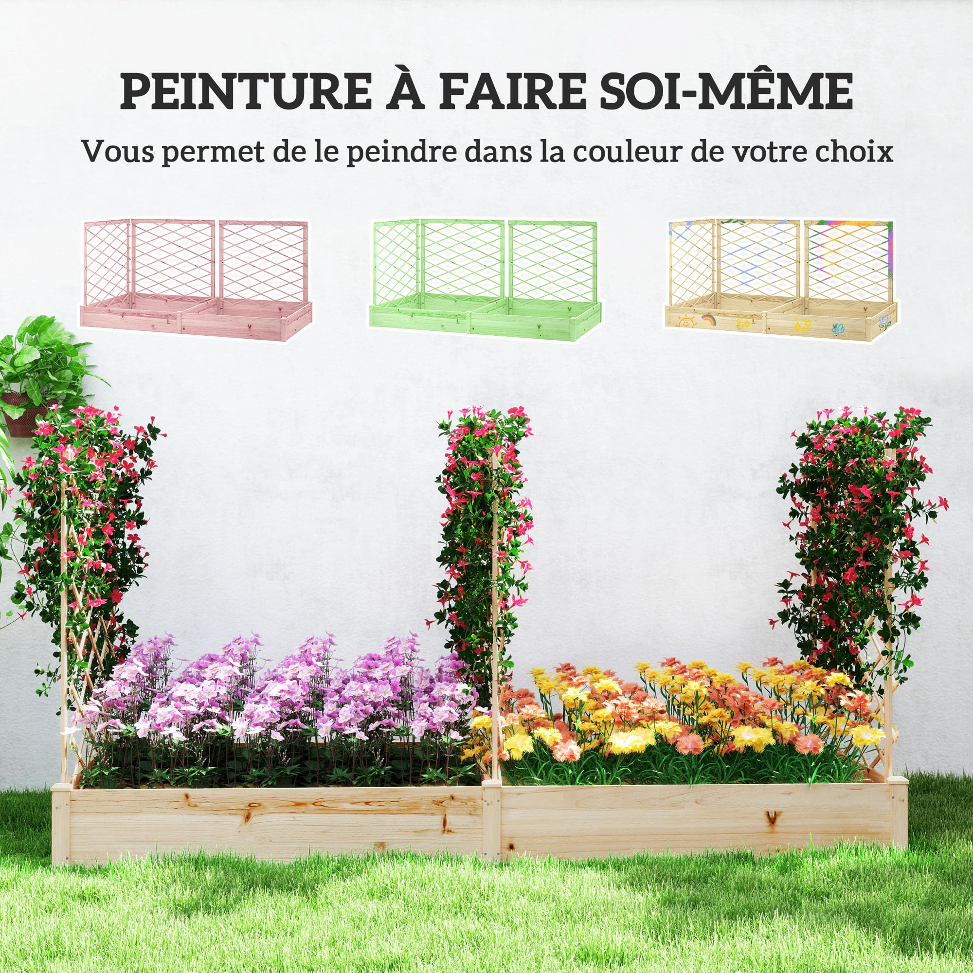 Outsunny Jardinière extérieure avec 3 Treillis modulable, lit surélevé de Jardin, bac à Fleurs en Bois pour Balcon terrasse Patio, 222 x 114 x 109 cm, Effet Bois Naturel