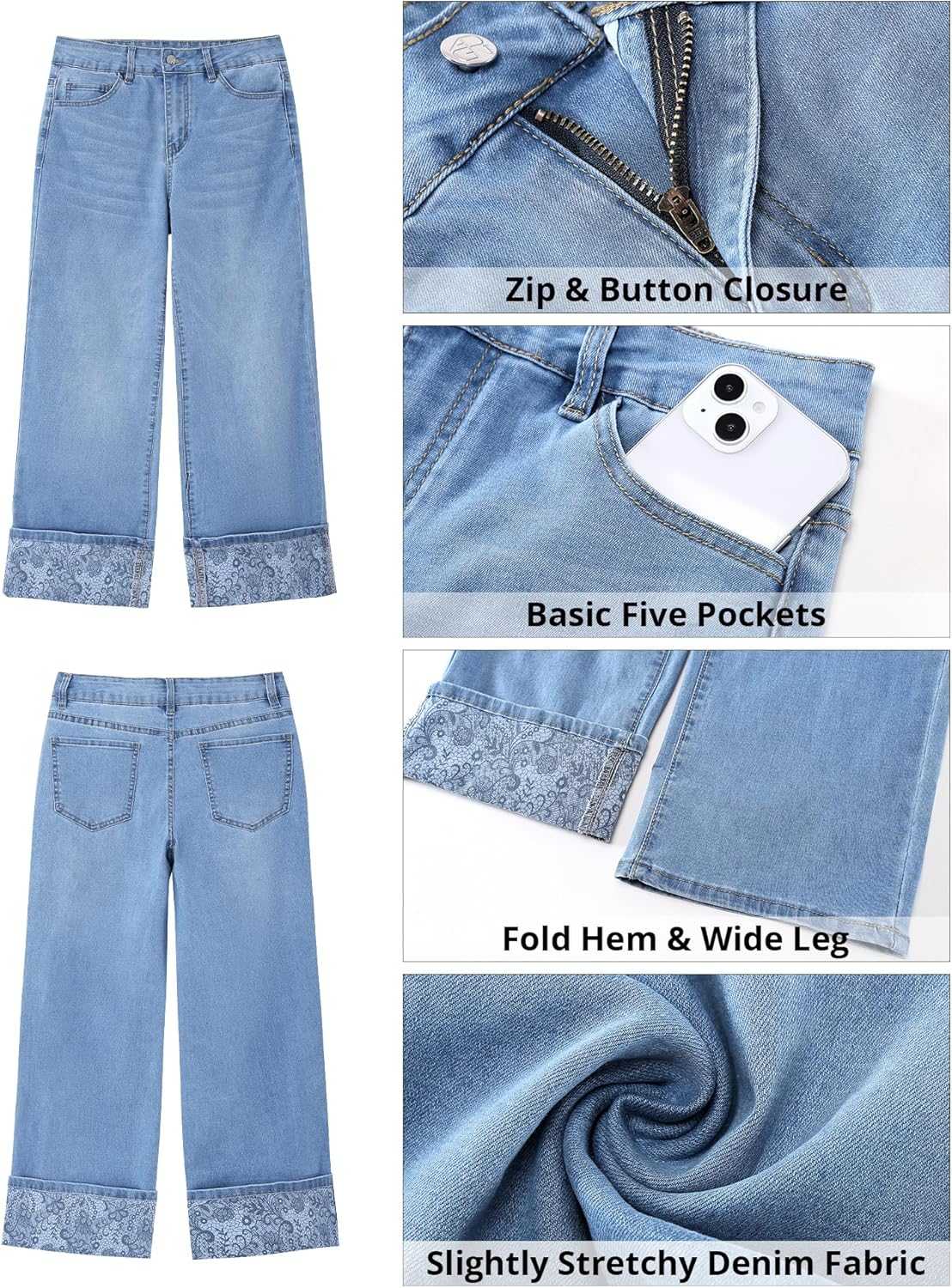 GRAPENT Wide Leg Jeans for Women Trendy Cropped High Waisted Printed Fold Hem Loose Straight Leg Stretchy Denim Pants - Image 6