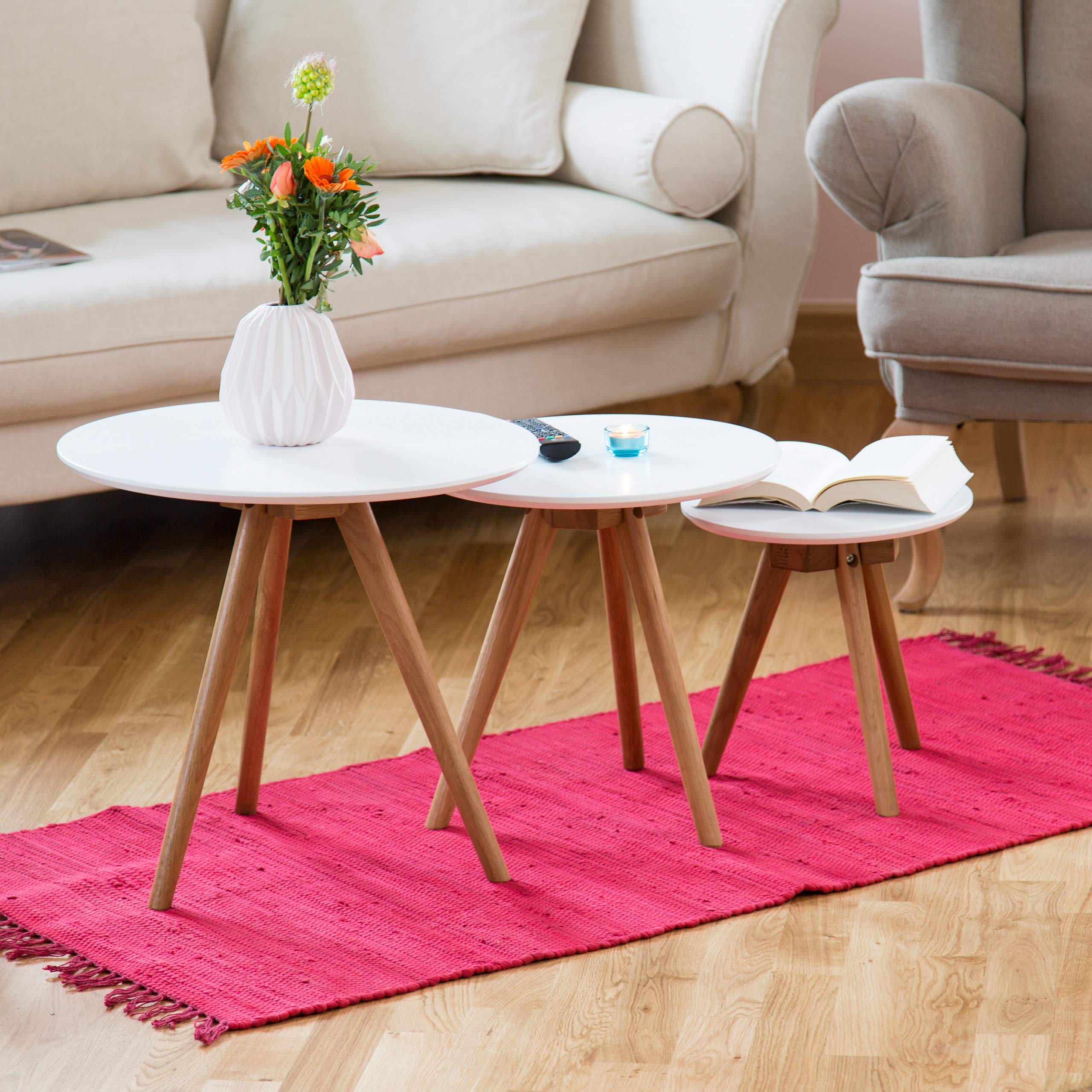 Relaxdays Beistelltisch 3er Set, Beine aus Walnussholz, weiße Tischplatte 50, 40, 32 cm, nordisches Design, weiß / natur