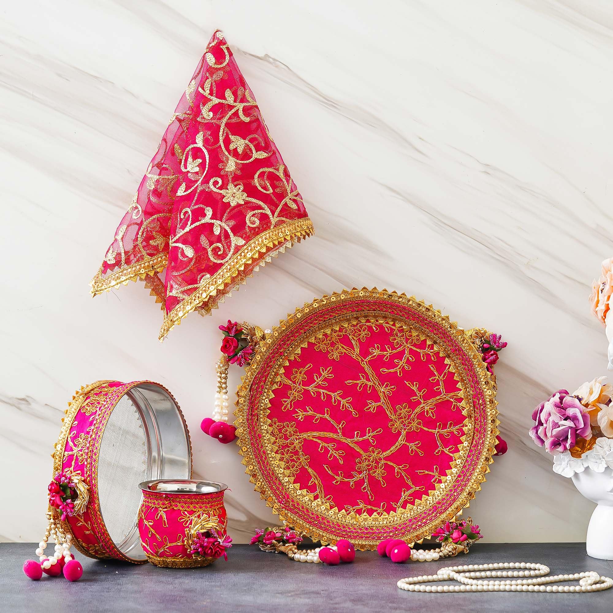 eCraftIndia Pink and Golden Floral Decorative Handcrafted Stainless Steel Karwa Chauth Pooja Thali Set with Plate, Chalni, Lota & Chunri - Karva Chauth Puja Thali-image-17