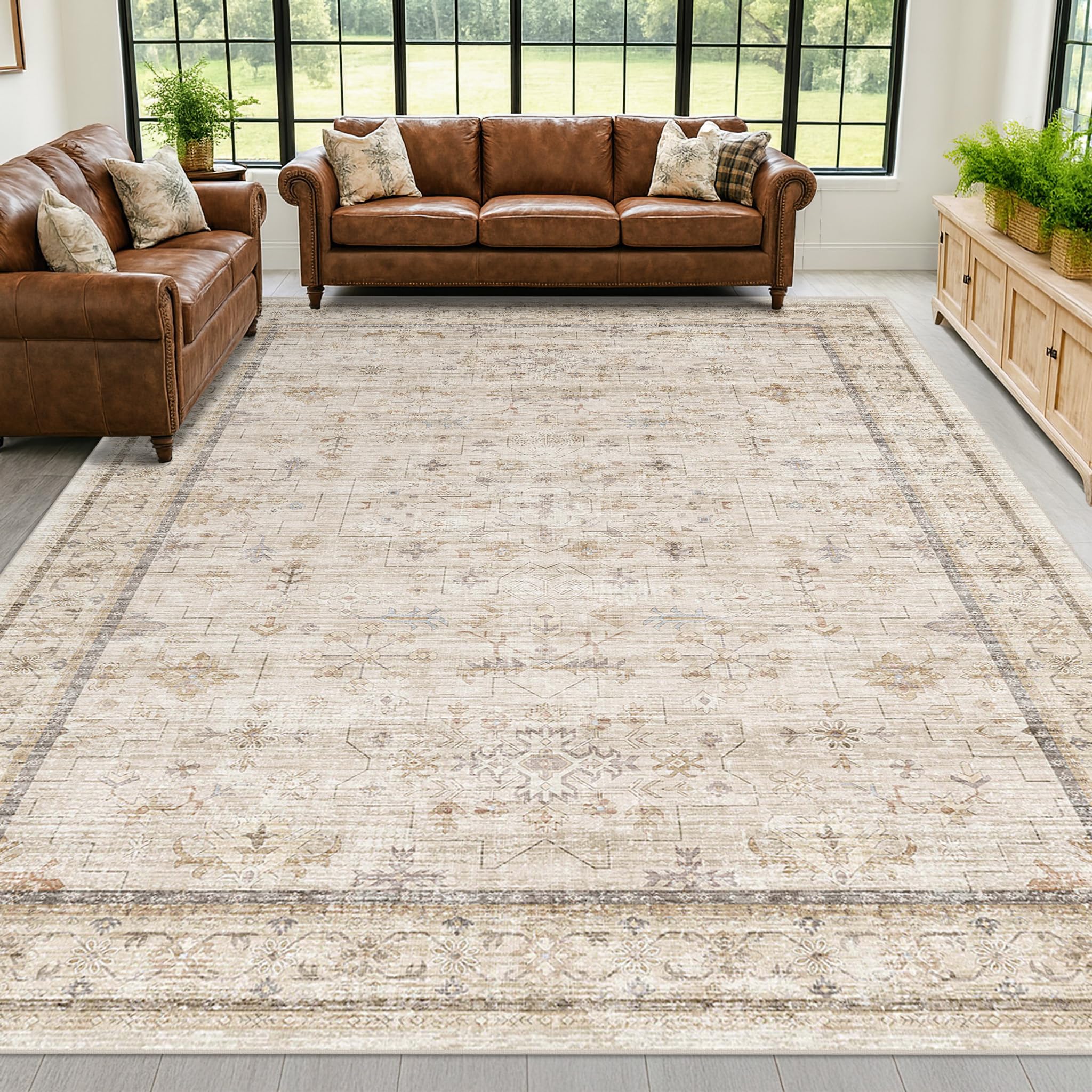 Washabel Lvory Modern Rugs for Living Room 9x12 Low Pile Floral Carpet for Large Dining Room Neutral Light