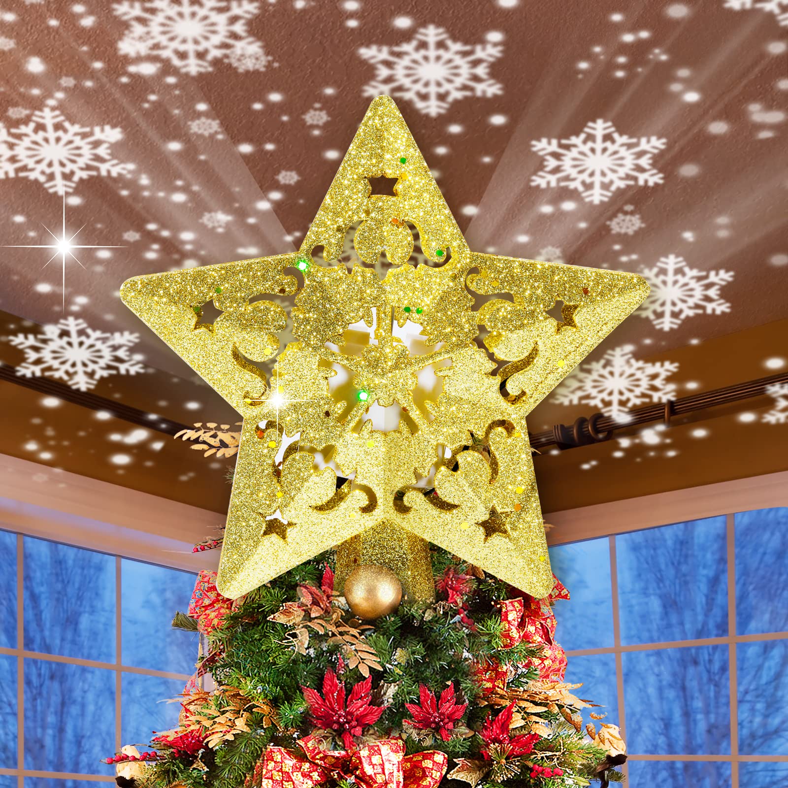 Mukum Christmas Tree Star Topper Light Christmas Tree Star Topper Projector with Rotating LED Snowflake Lights 3D Hollow for Christmas Tree Decorations