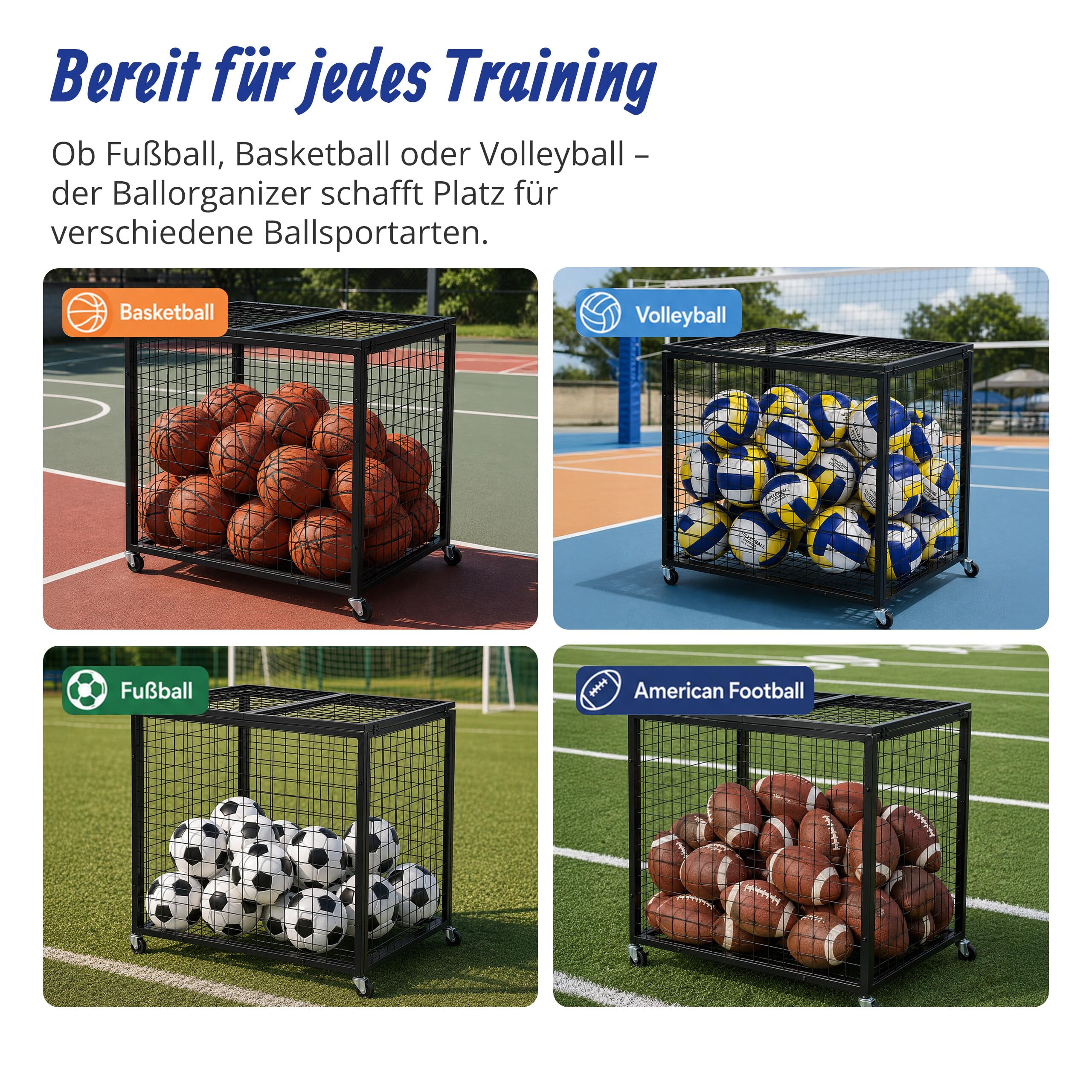 Relaxdays Ballwagen, 4 Rollen, Bremsen, HBT: 81,5 x 85 x 66 cm, schwarz