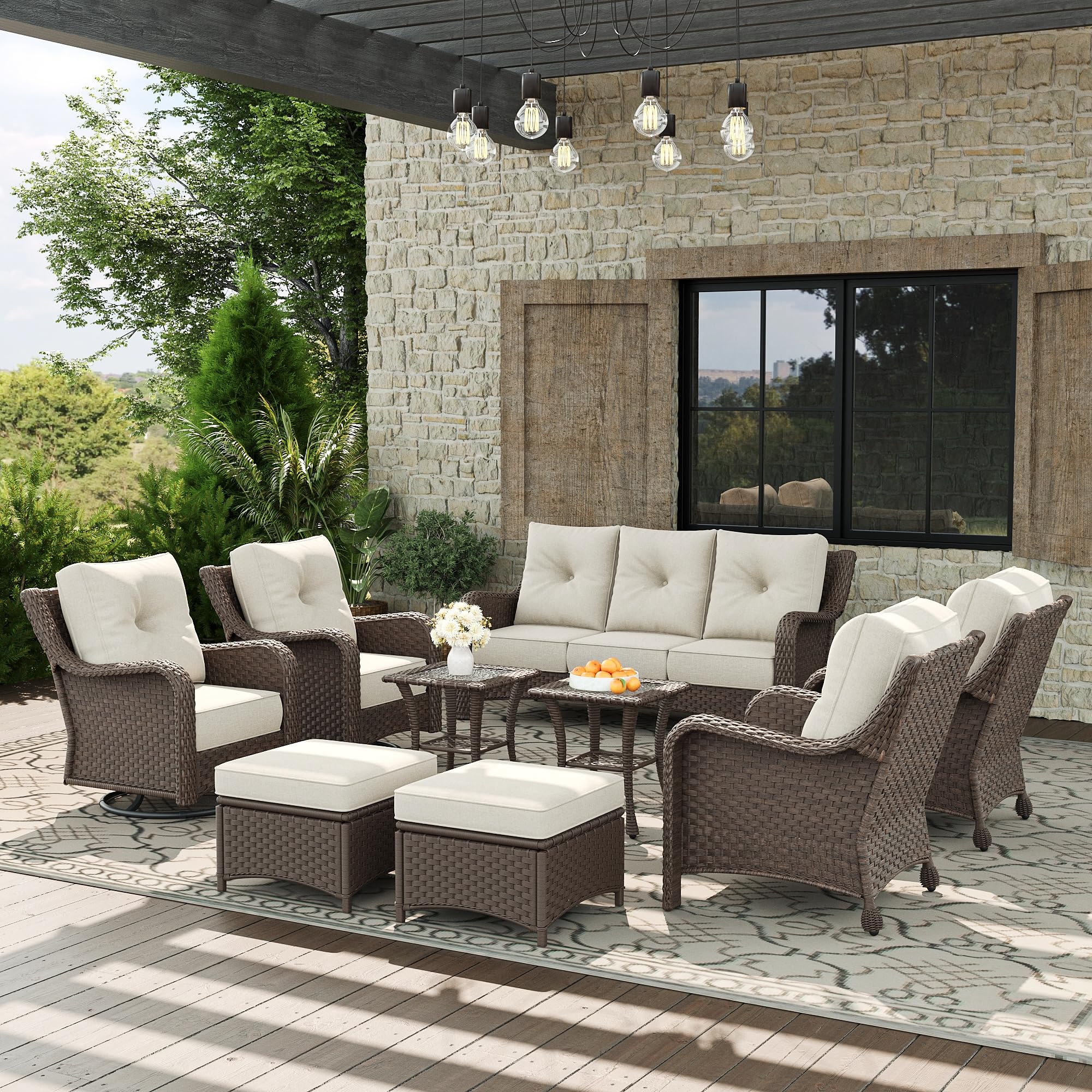 Aeeiua 9 Piece Patio Furniture Set, All-Weather Wicker Outdoor Conversation Set with Swivel Rocking Chair and 6 Inch Thick Cushions