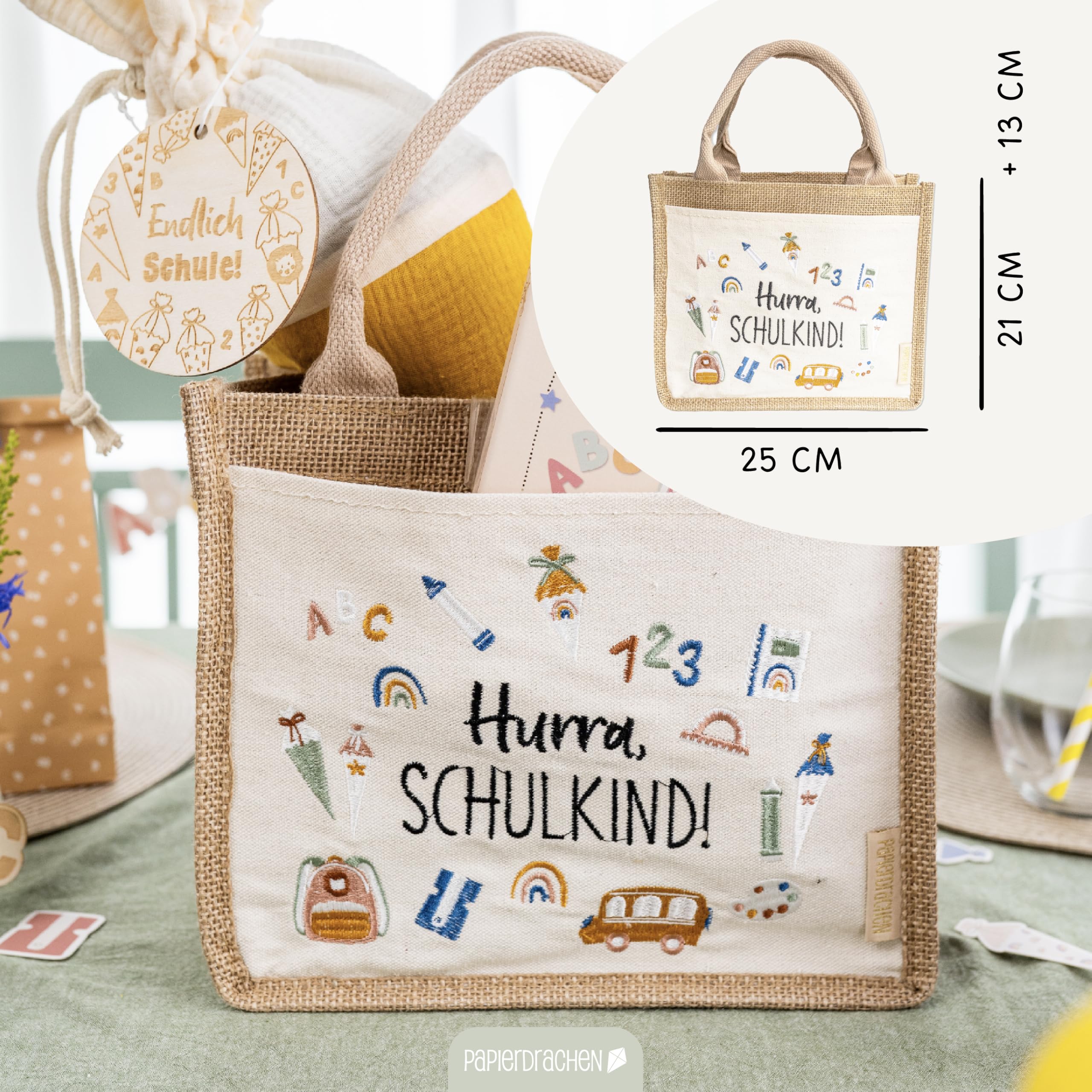 Papierdrachen Jute Bag "Hurra, Schulkind!" - First Day of School Gift - 25 x 15 cm + 13 cm Handle - Embroidered with Side Pocket - Set 1 - Image 3