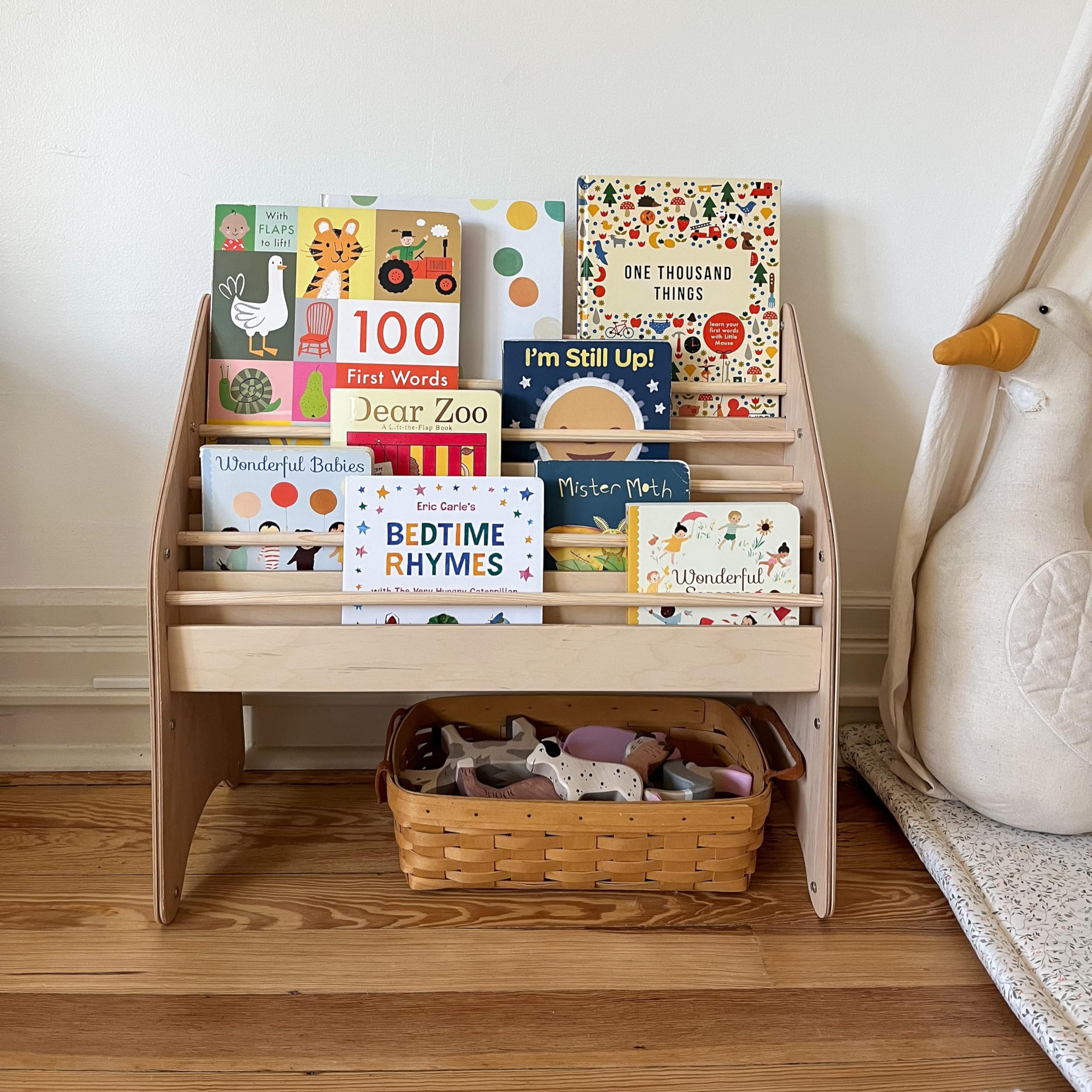 Montessori Bookshelf for Toddler Wood Kids Playroom Furniture Natural Wooden Nursery Gift Birthday Baby Neutral Room Storage Shelf Large Bookcase Child Decor Idea (Small)