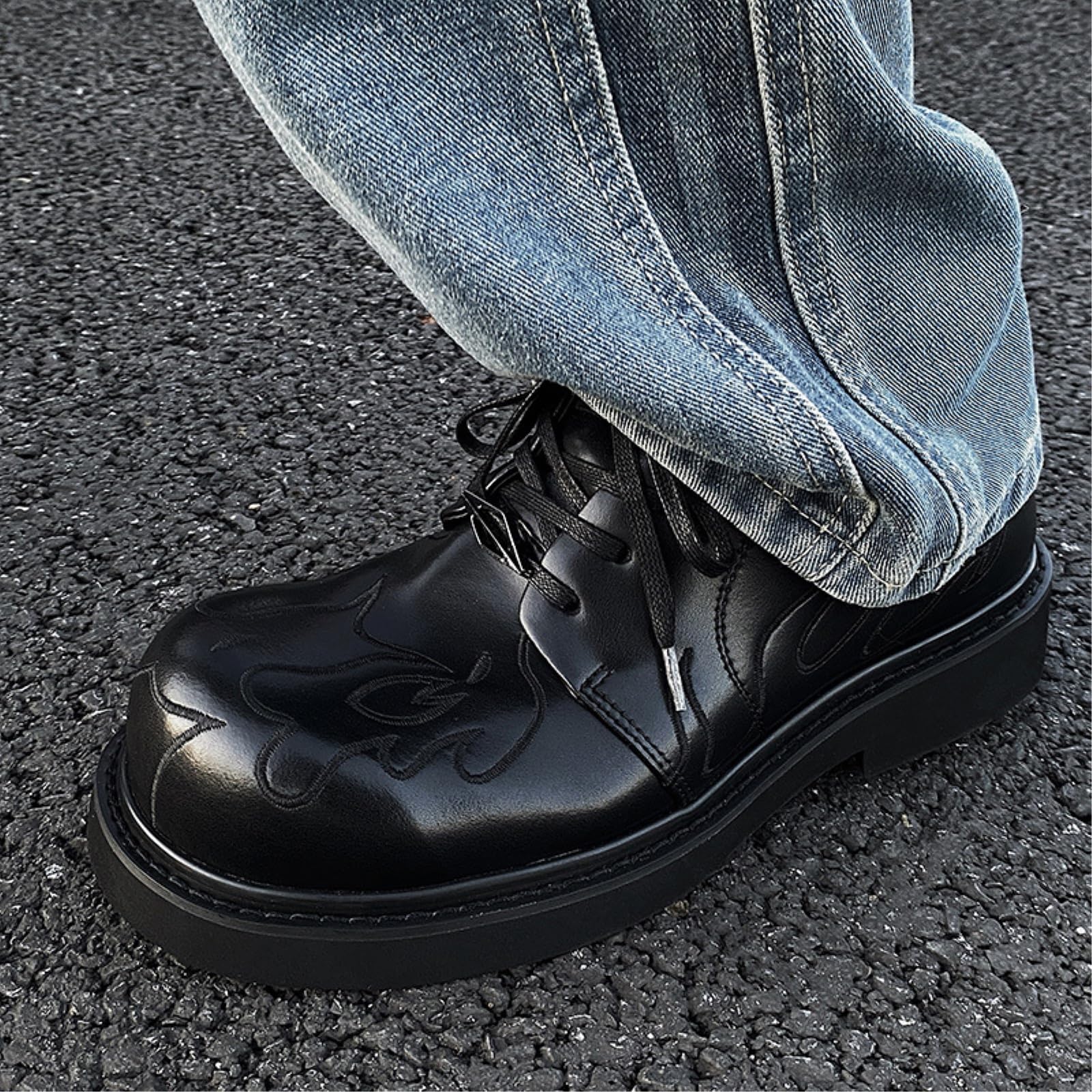 GFZMF Męskie buty derby z dużą głową, dwoina skóra bydlęca z haftowanym wzorem, gumowa podeszwa piankowa, ciemny styl, sznurowane buty biznesowe, czarne