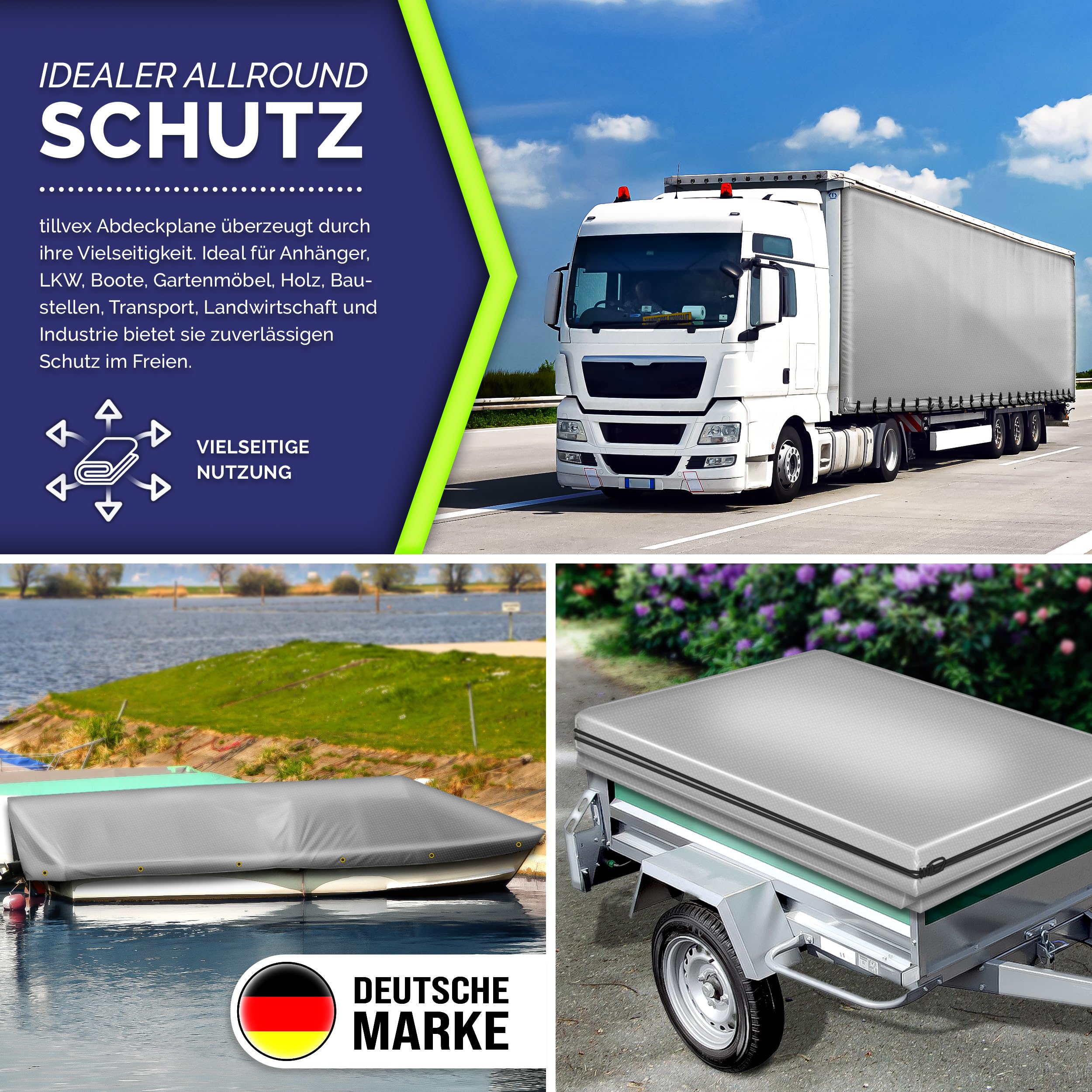 tillvex® Abdeckplane mit Ösen + 10x Spanngummi & 15m Seil | Gewebeplane 650g/m² Wasserdicht & Reißfest | Premium PVC-Plane Universell LKW, Pool, Holz Gartenmöbel | Gartenplane Abdeckung (Grau, 4x8 m)