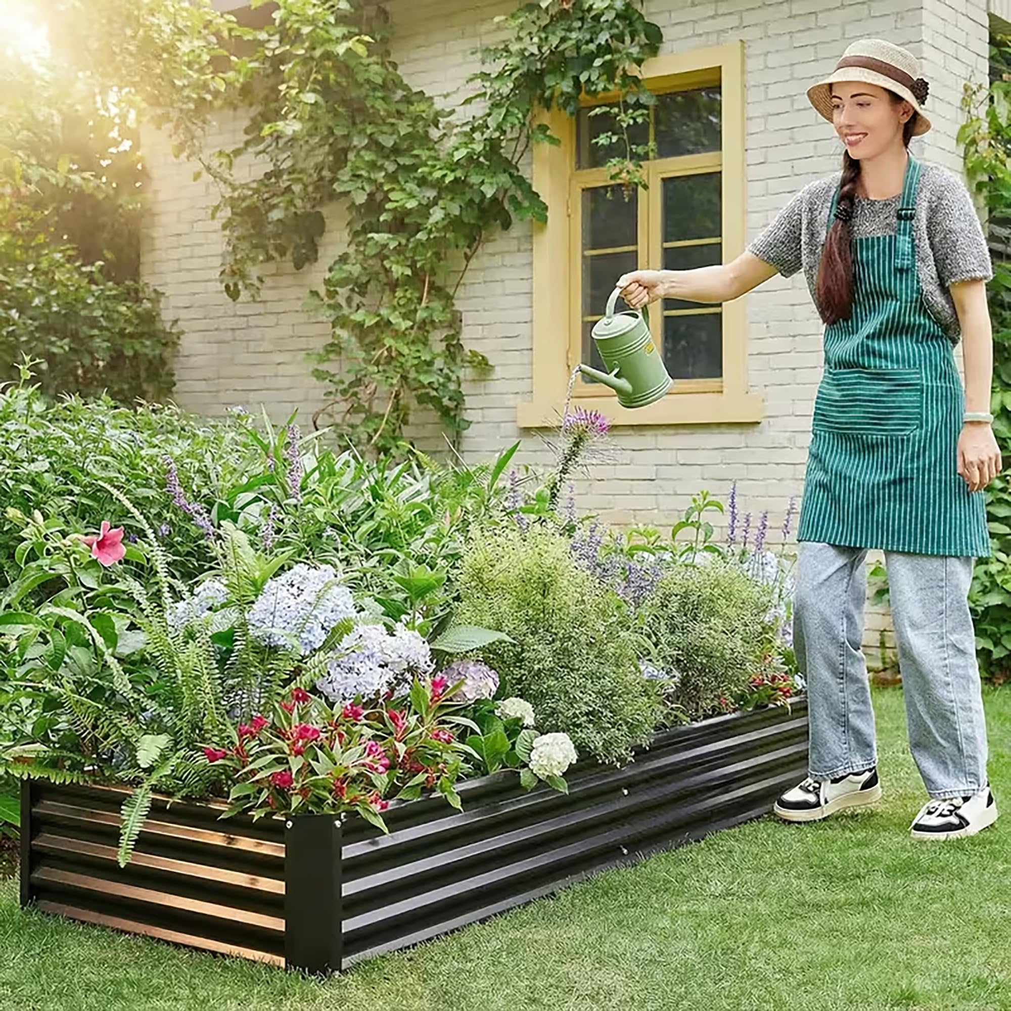Set di aiuole rialzate in metallo zincato, per giardino, 232 x 113 x 30 cm, set di aiuole rialzate per verdure, fiori grassi, erbe aromatiche, aiuole e vaschetta per piante, rettangolare, nero