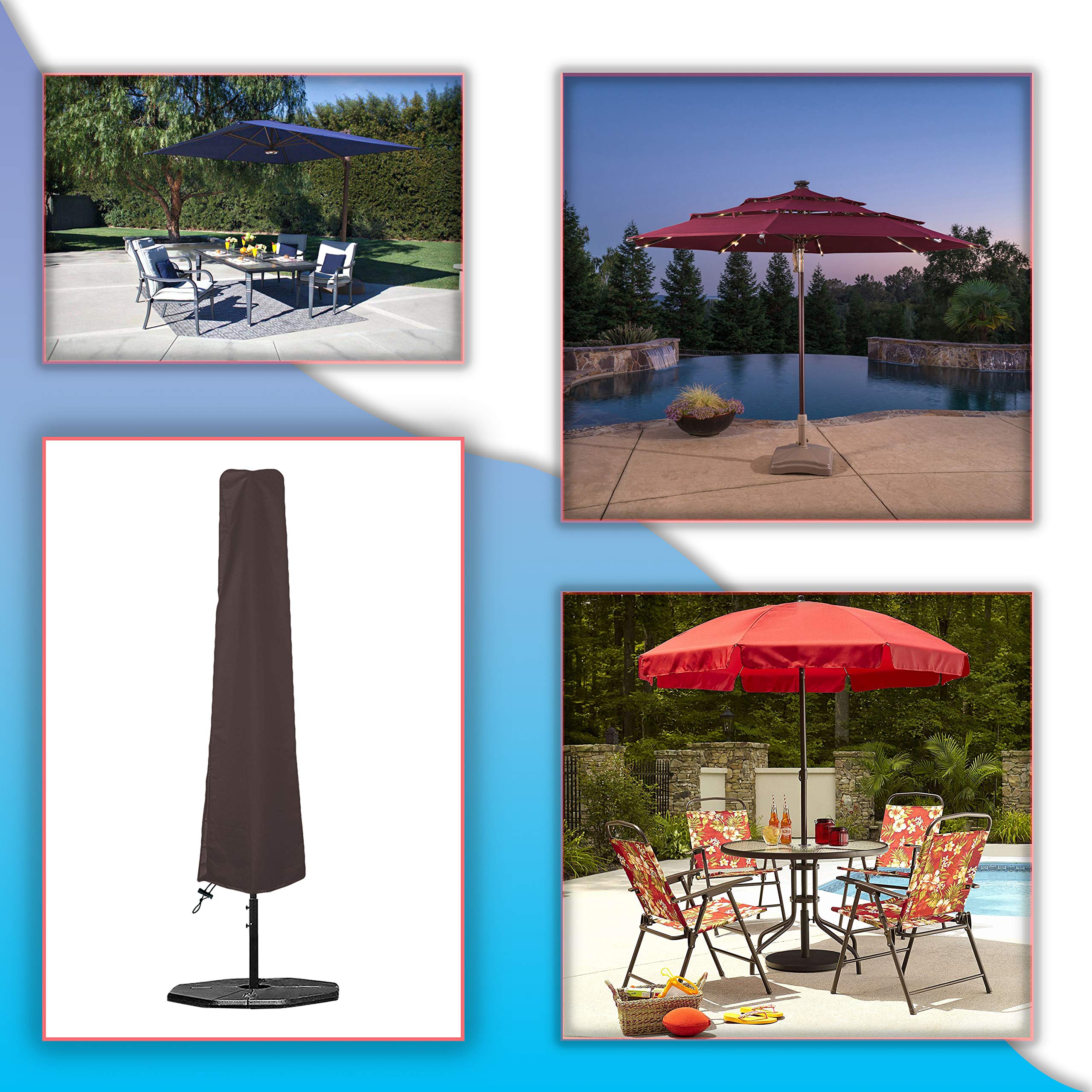 Zewnętrzny pokrowiec na parasol na patio 350 ml, wodoodporny, w 100% odporny na promieniowanie UV i warunki atmosferyczne, wytrzymały pokrowiec na meble tarasowe z kieszeniami powietrznymi i sznurkiem do wygodnego dopasowania (kawowy)