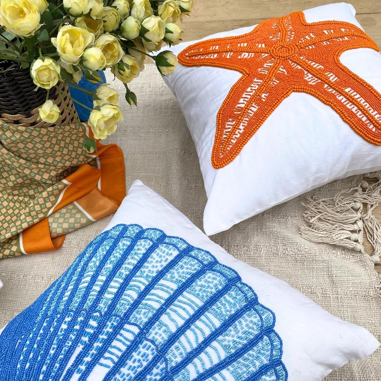 The HomeCentric White Accent Pillow, Beaded Orange Starfish Nautical Ocean Beach Theme Pillow Cover, 14x14 inch (35x35 cm) Throw Pillow Cover, Linen Floral Mediterranean, Sea - Starfish Makeover