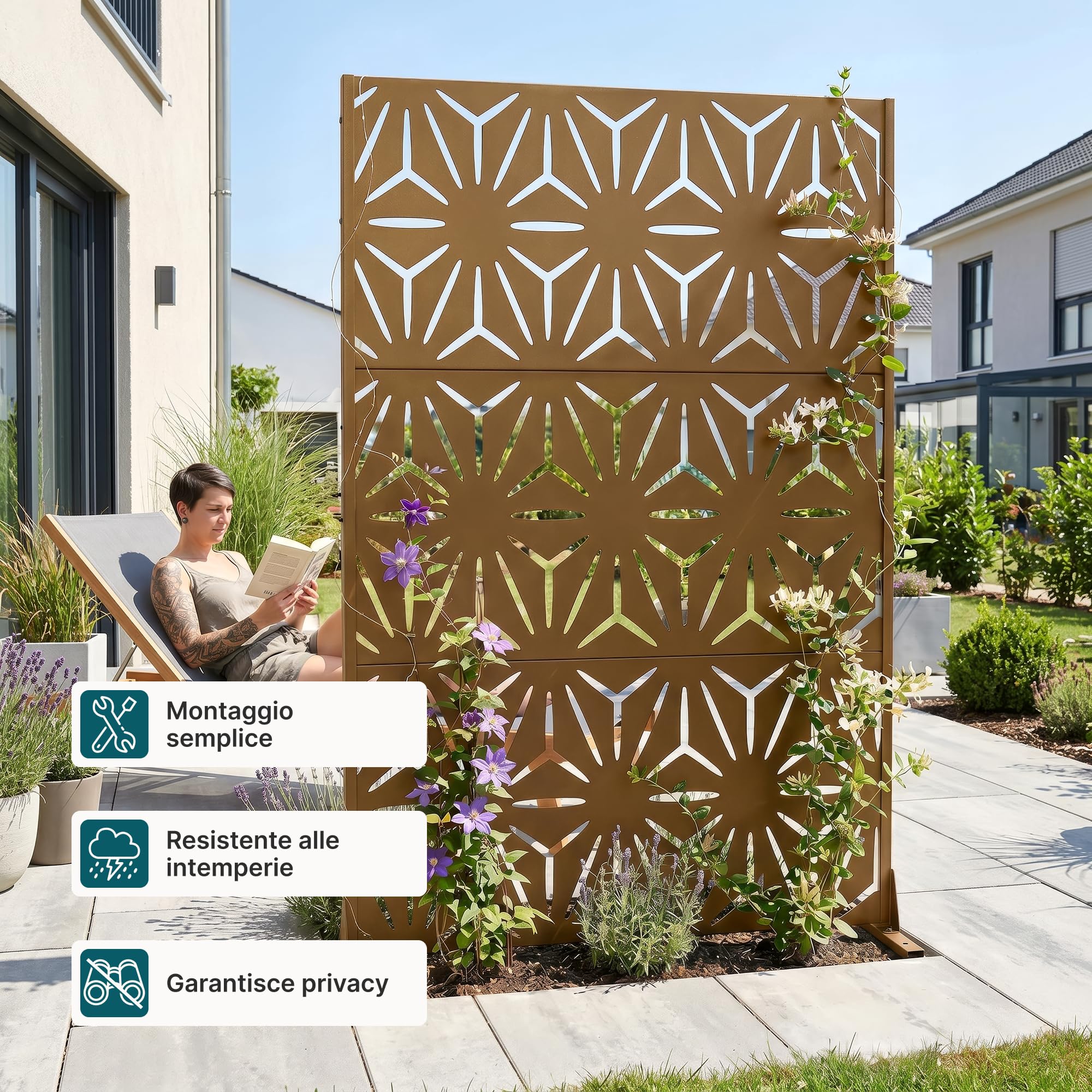 casa.pro Pannello Divisorio Decorativo in Acciaio Zincato 180x120 cm Frangivista a Motivo Raggi Floreale Separé Paravento per Giardino Balcone Soggiorno - Marrone