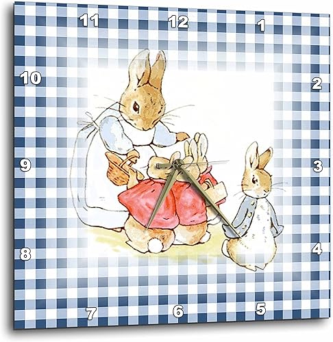 Reloj de pared con imagen de rosa 3D de Peter Rabbit Scene on Blue Checks, 10" x 10"