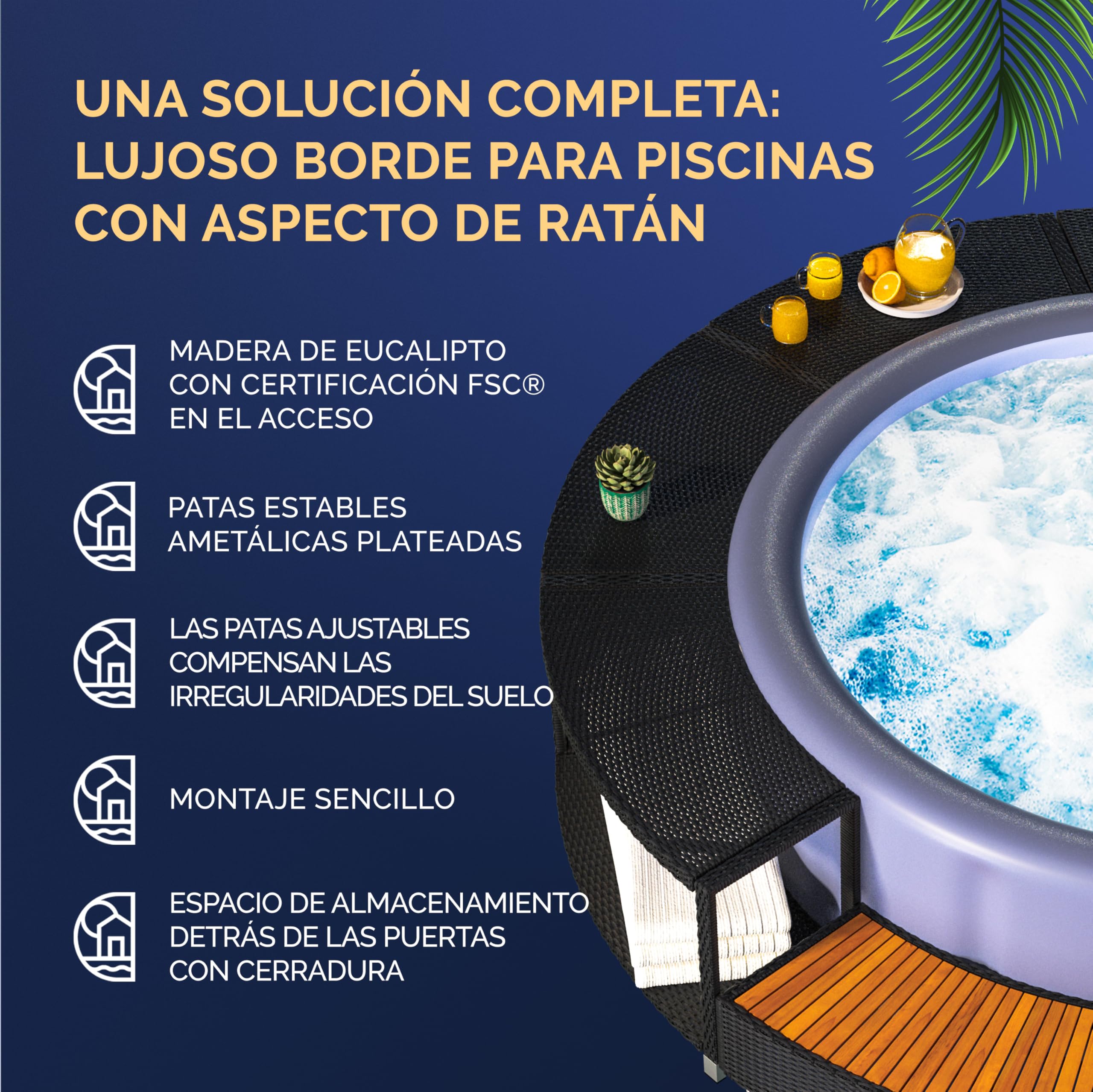 CASARIA Borde de Bañera Hidromasaje Soporte Piscina SPA Ø206cm Poliratán Madera FSC® Acero Exteriores