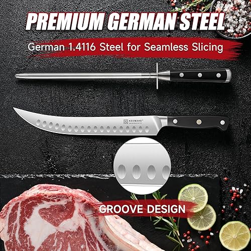 Vista 4 de KEEMAKE Juego de cuchillos para tallar barbacoa, cuchillo de carnicero de 10 pulgadas y cuchillo de afilar de 10 pulgadas para cortar carne, acero