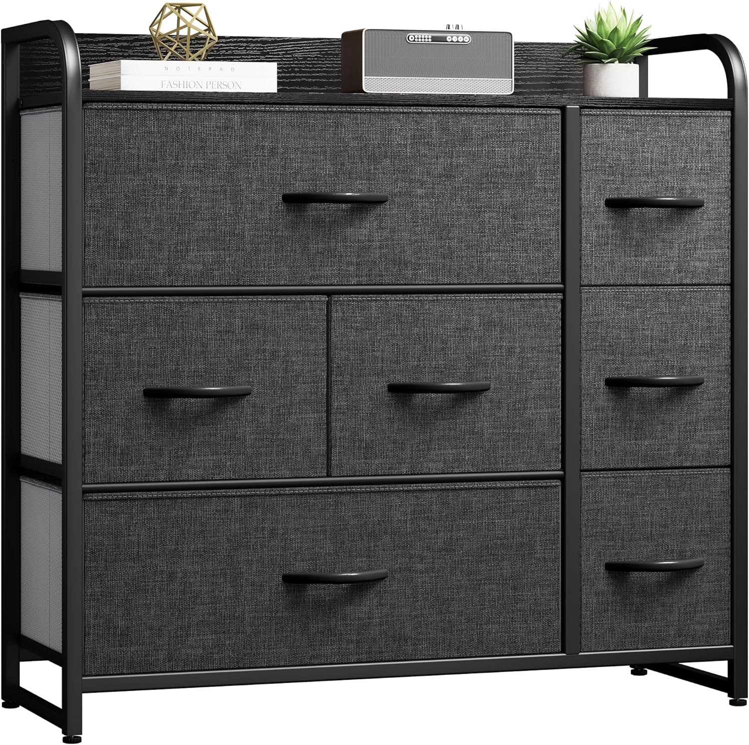 DWVO 7 Drawers Dresser, Organizer Unit for Bedroom, Fabric Dresser Storage Tower for Hallway, Entryway, Closets, Sturdy Steel Frame, Wooden Top 7-Drawer Slate Grey