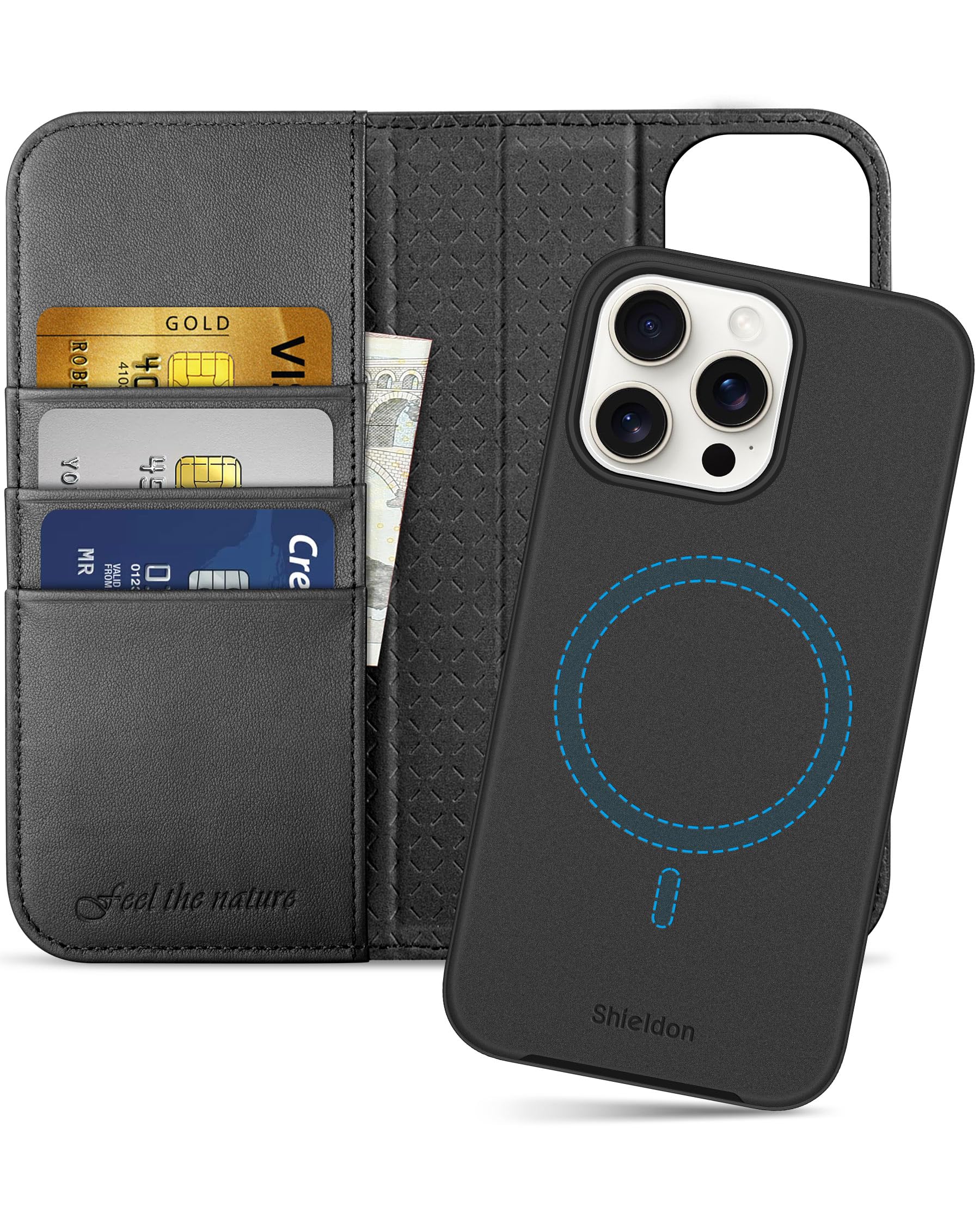 SHIELDON Case for iPhone 15 Pro Max, Genuine Leather Detachable 2 in 1 Wallet Wireless Charging Kickstand RFID Blocking Card Holder Magnetic Protective Case Compatible with iPhone 15 ProMax - Black