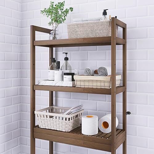Miniatura 8 de SMIBUY Estante de almacenamiento de baño, estante organizador de bambú sobre el inodoro, ahorro de espacio de inodoro independiente con estantes