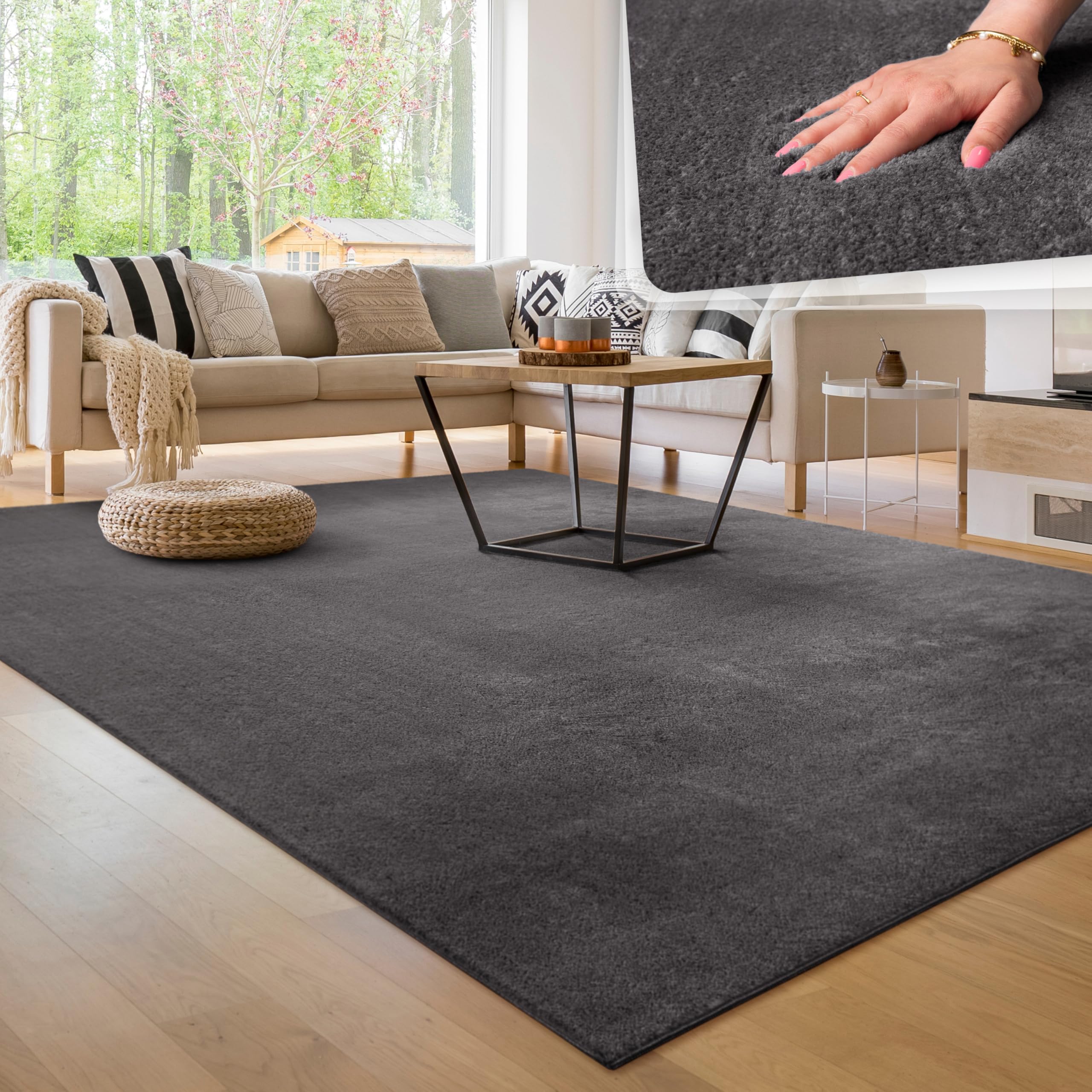 Paco Home Moderner Kuscheliger Wohnzimmer Teppich Kurzflor waschbar flauschig Weich Einfarbig Felloptik zeitlos stilvoll rutschfest pflegeleicht, Grösse:160x220 cm, Farbe:Anthrazit