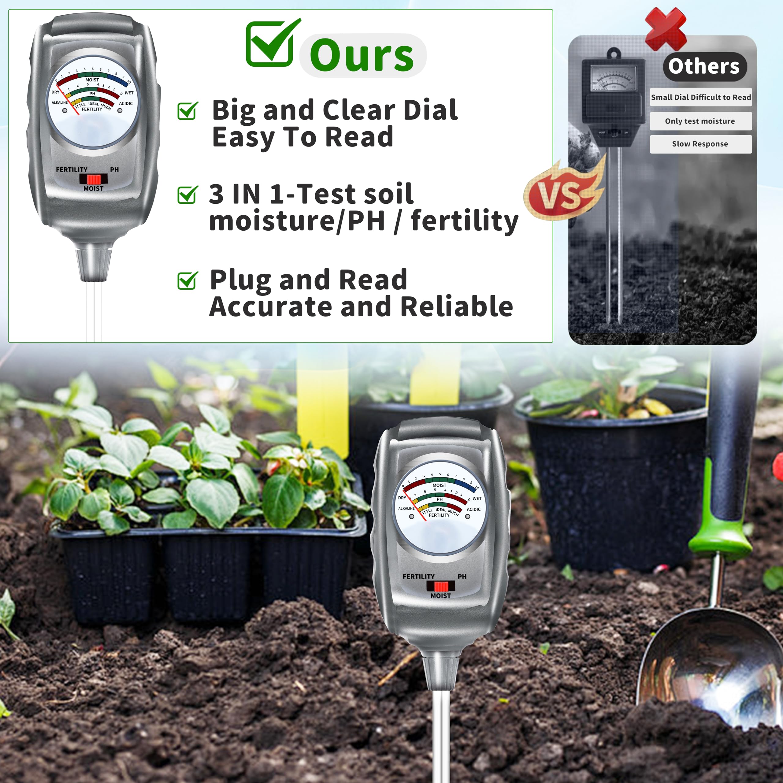 Kit de prueba de suelo 3 en 1, medidor de humedad del suelo/medidor de pH del suelo/probador de suelo de fertilidad, higrómetro de suelo para jardín, planta, granja, interior, exterior, medidor