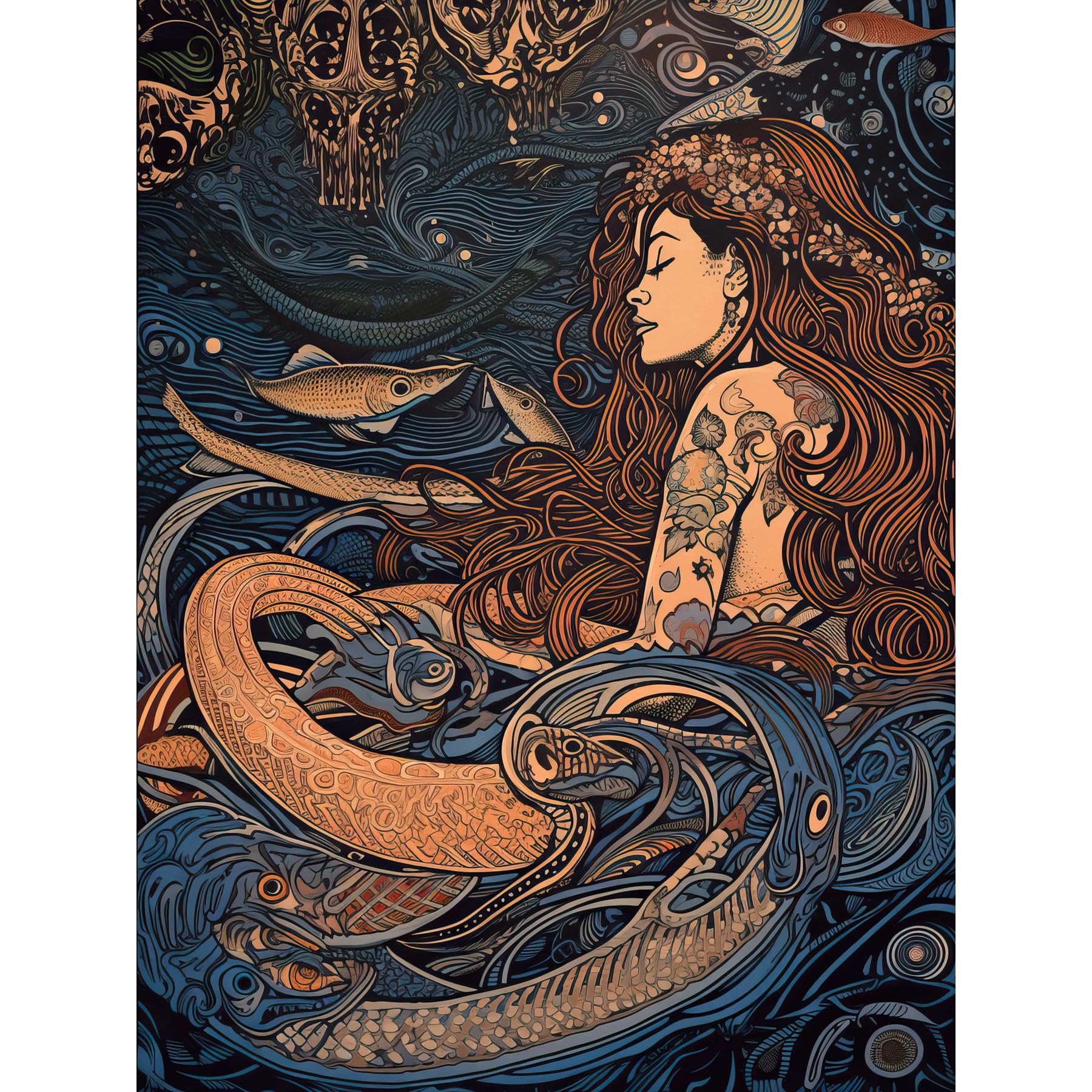 Artery8 Little Mermaid and Aquatic Animals Illustration Large Wall Art Poster Print Thick Paper 18X24 Inch