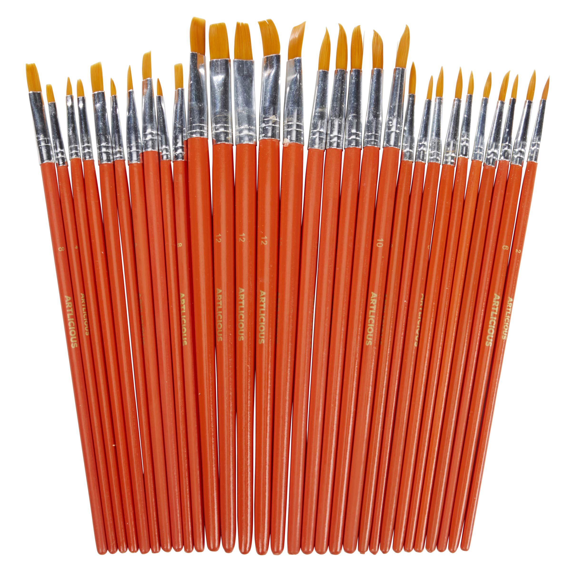 Artlicious - Hand Made All Purpose Nylon Hair Brush Set - Acrylic, Oil, Watercolor Paints (30 Piece Set)