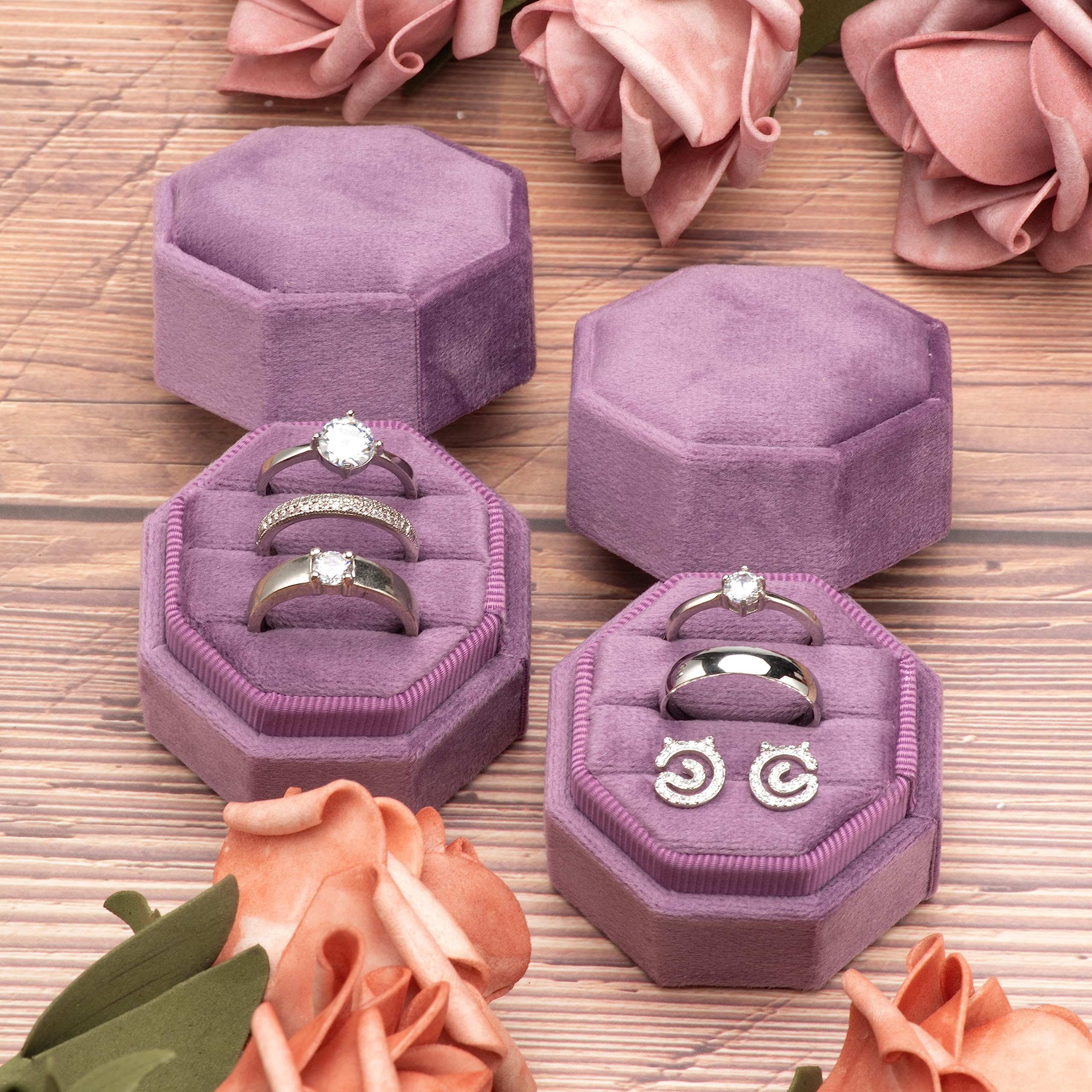 Scatola Porta Anelli Ottagonale In Velluto Equal, 3 Scomparti, Colore Verde Salvia, Elegante Per Matrimoni E Proposte
