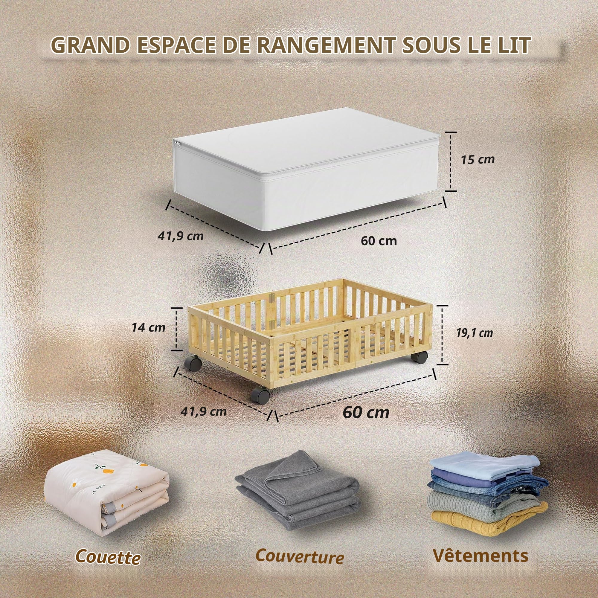 MHXW SXPN Lot de 2 boîtes de rangement à roulettes en bambou avec roulettes pour chaussures sous le lit, tiroirs à roulettes sous le lit avec sac de rangement pour chambre à coucher, draps, vêtements