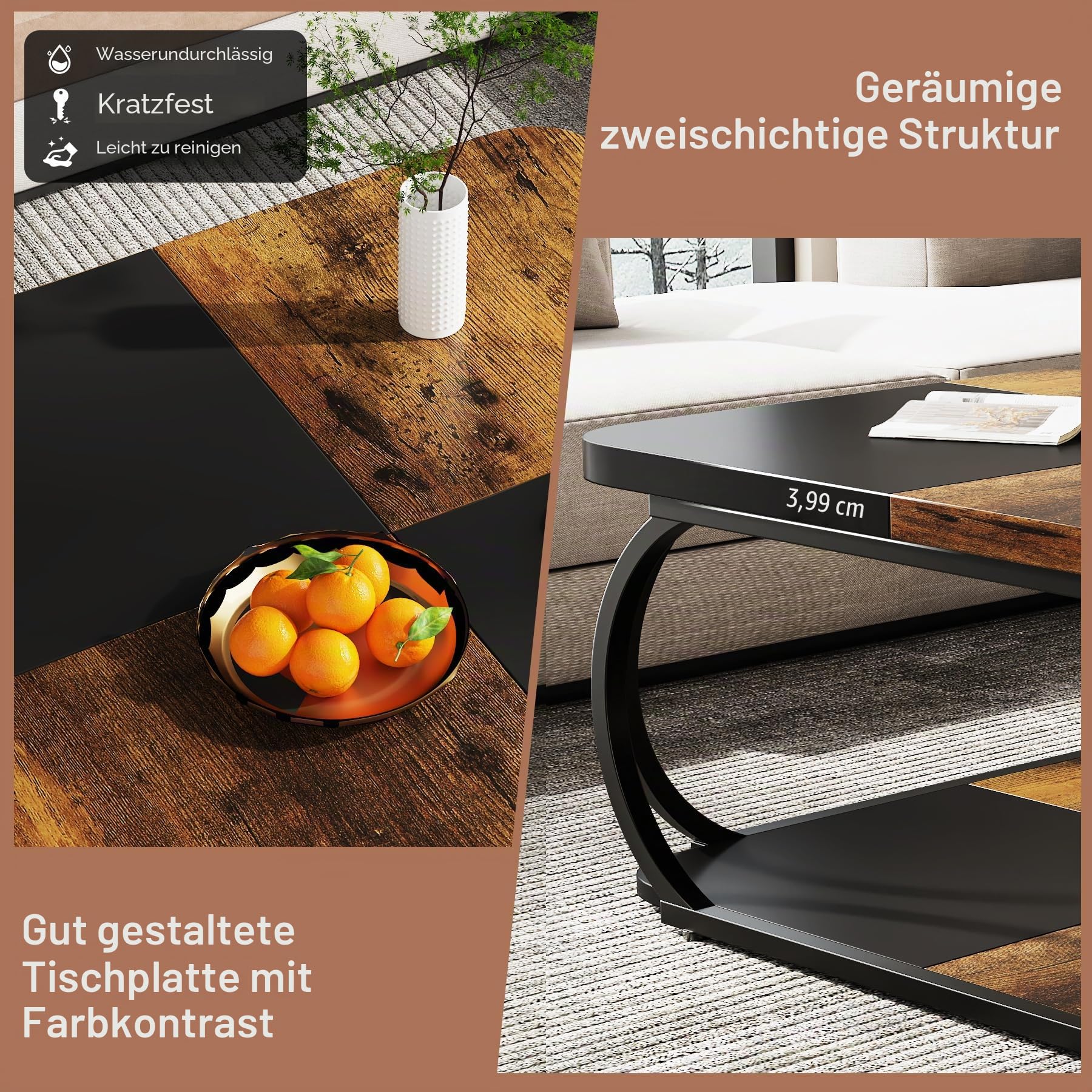 Tribesigns Couchtisch Quadratisch für Wohnzimmer, 100 x 100 x 50 cm Holzwerkstoff Couchtisch Niedrig Wohnzimmertisch für Modernes Wohnzimmer, Rustikales Braun Schwarz